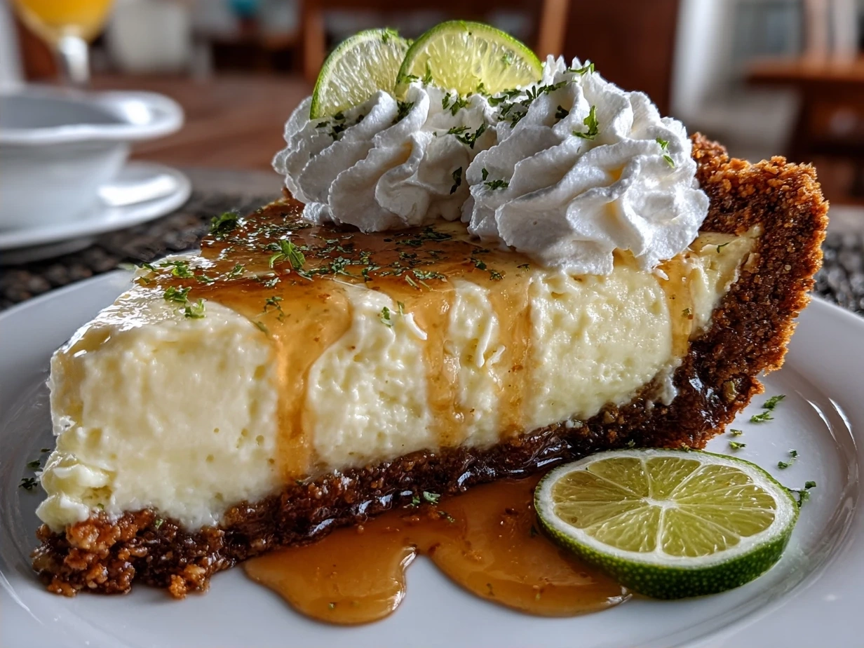 Perfect slice of homemade Key Lime Pie with whipped cream and lime zest garnish