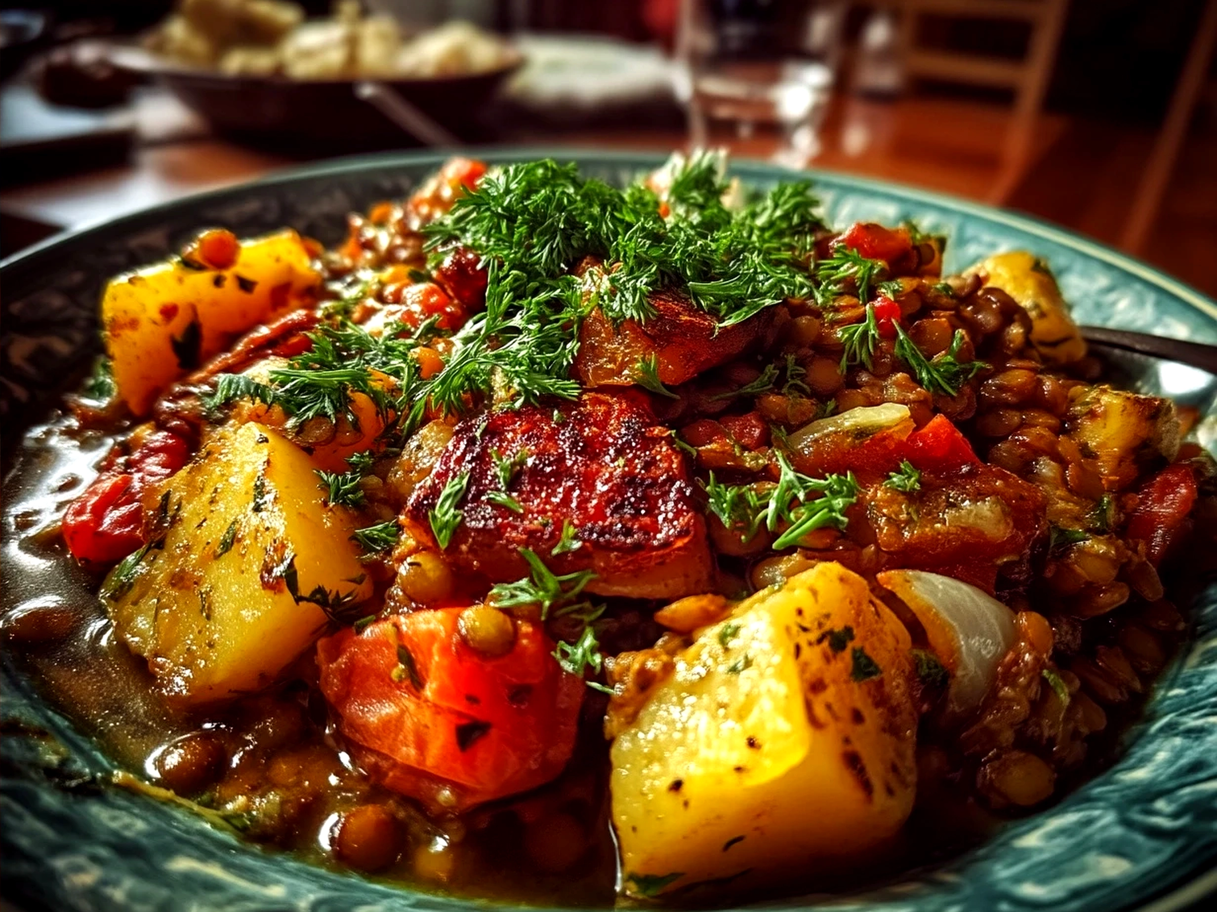 Steaming lentil hotpot served in a bowl with fresh parsley garnish and crusty bread on the side.