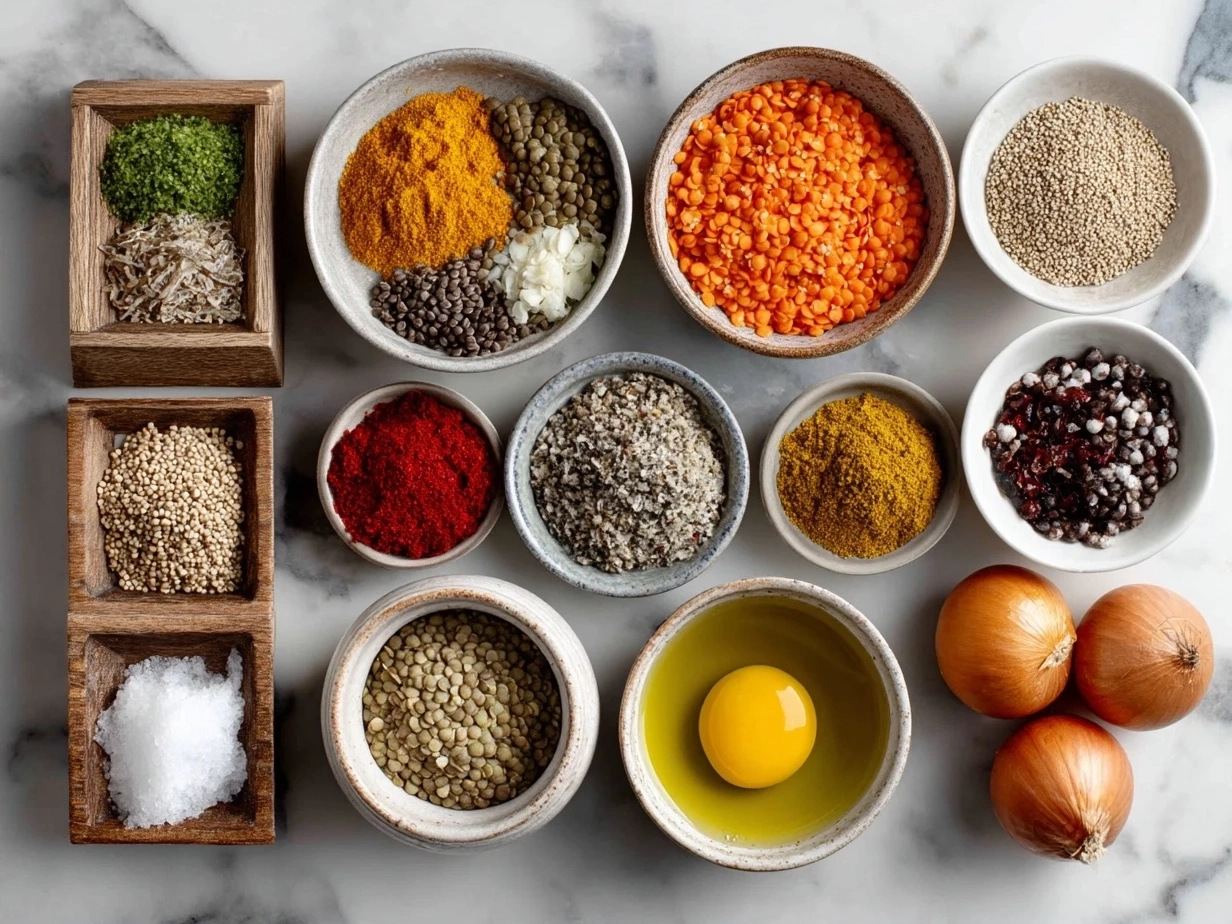 Ingredients for lentil hotpot including lentils, vegetables, and spices arranged in bowls and on a table.