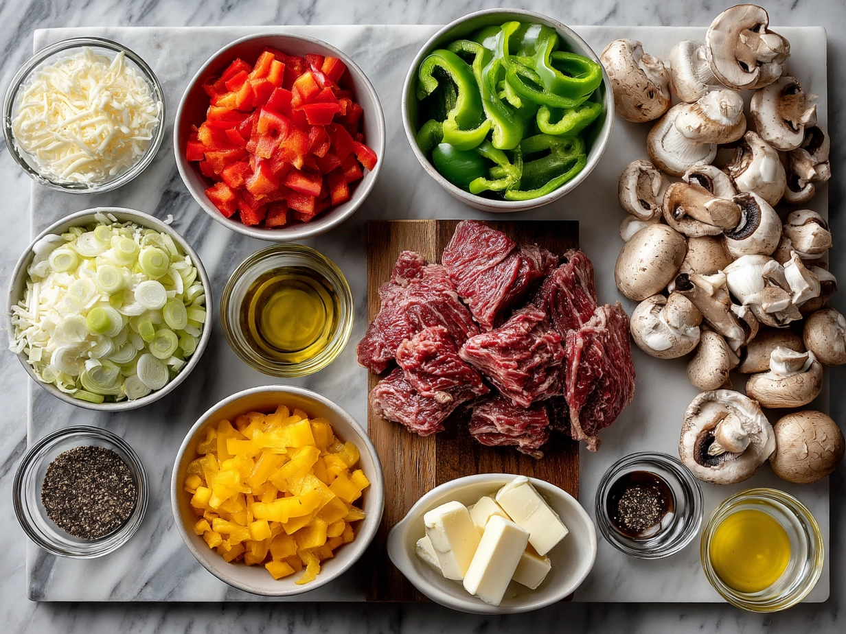 Ingredients for Loaded Philly Cheesesteak Sliders including steak, slider rolls, bell pepper, onion, cheese, and seasonings