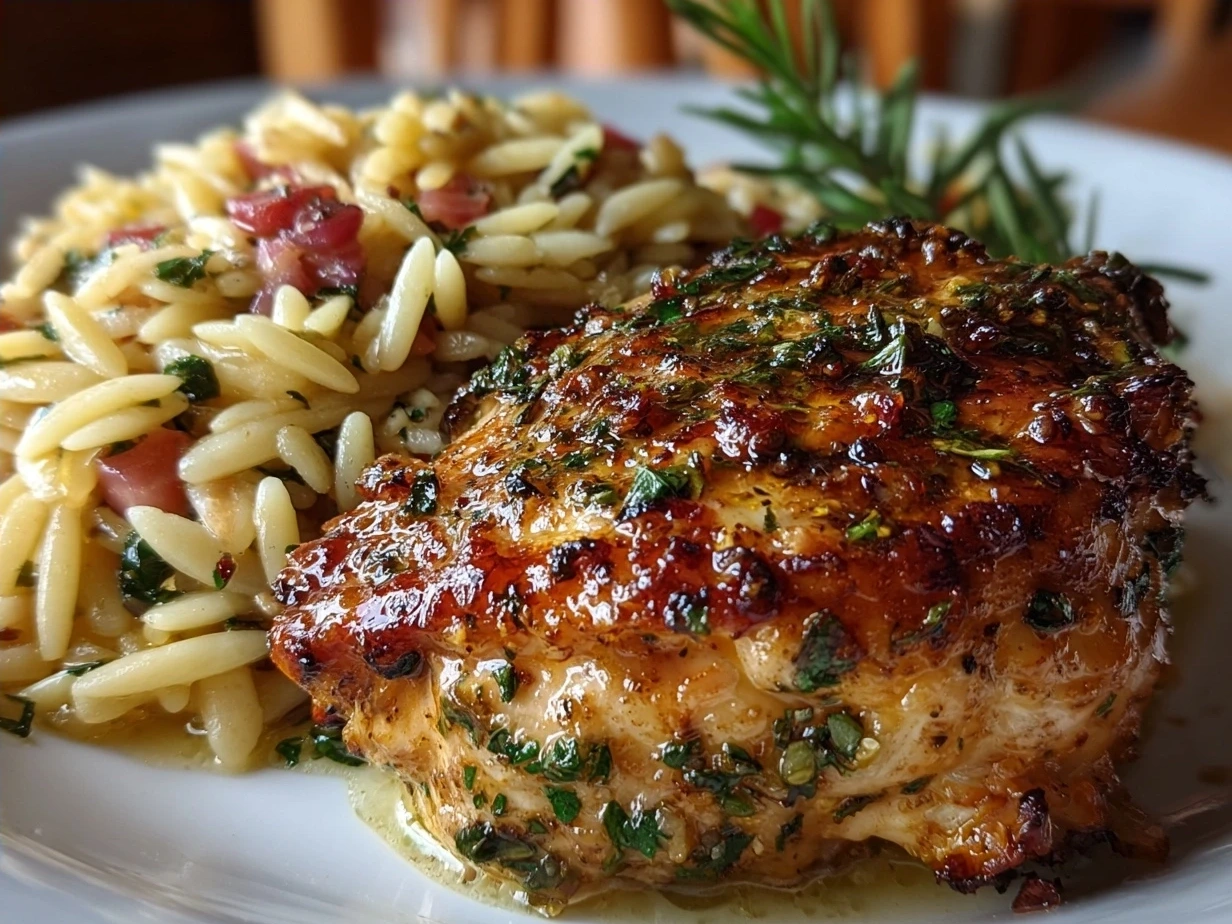 A finished Mediterranean Chicken and Orzo dish, beautifully plated with fresh parsley garnish