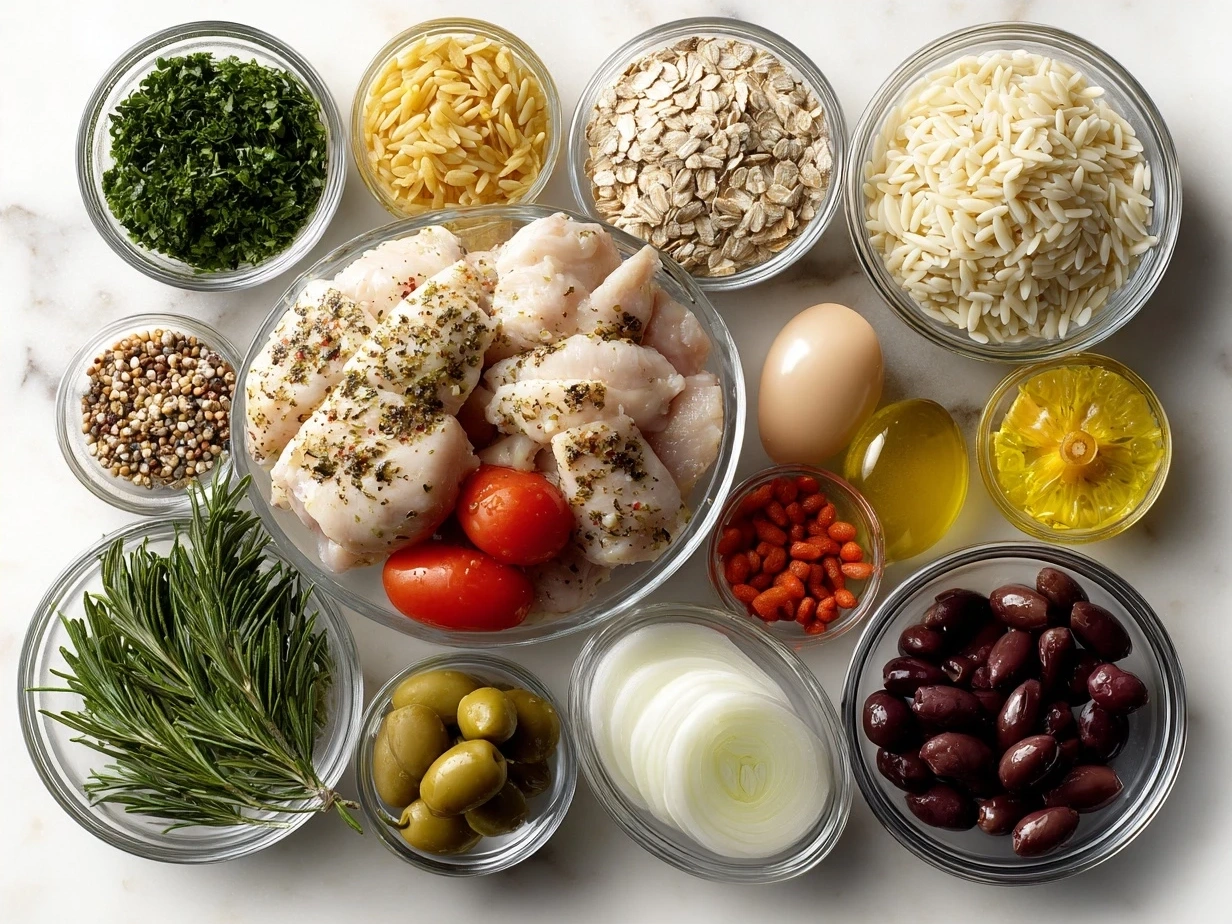 Mediterranean Chicken and Orzo ingredients laid out on a table