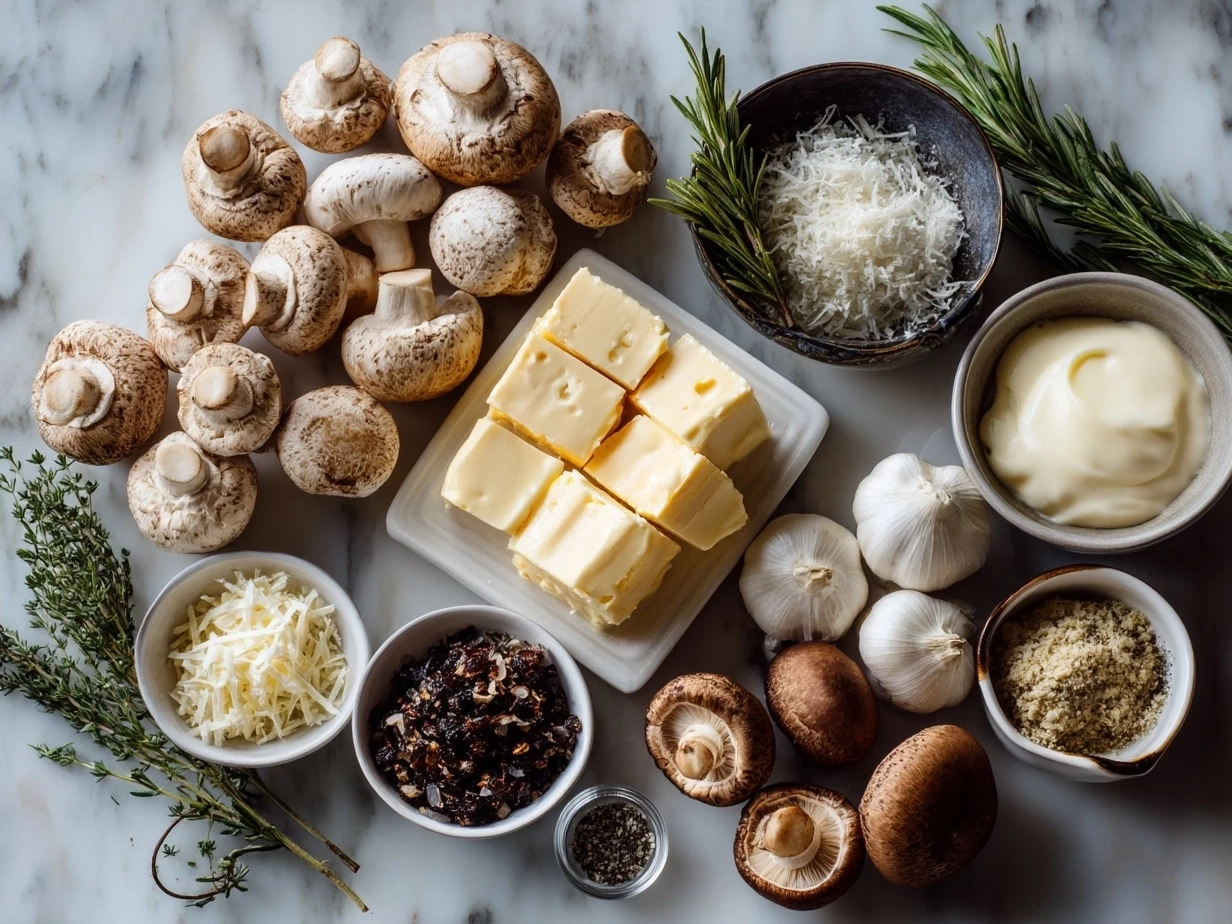 Ingredients for Mini Mushroom Swiss Sliders including slider buns, fresh mushrooms, Swiss cheese, and seasonings