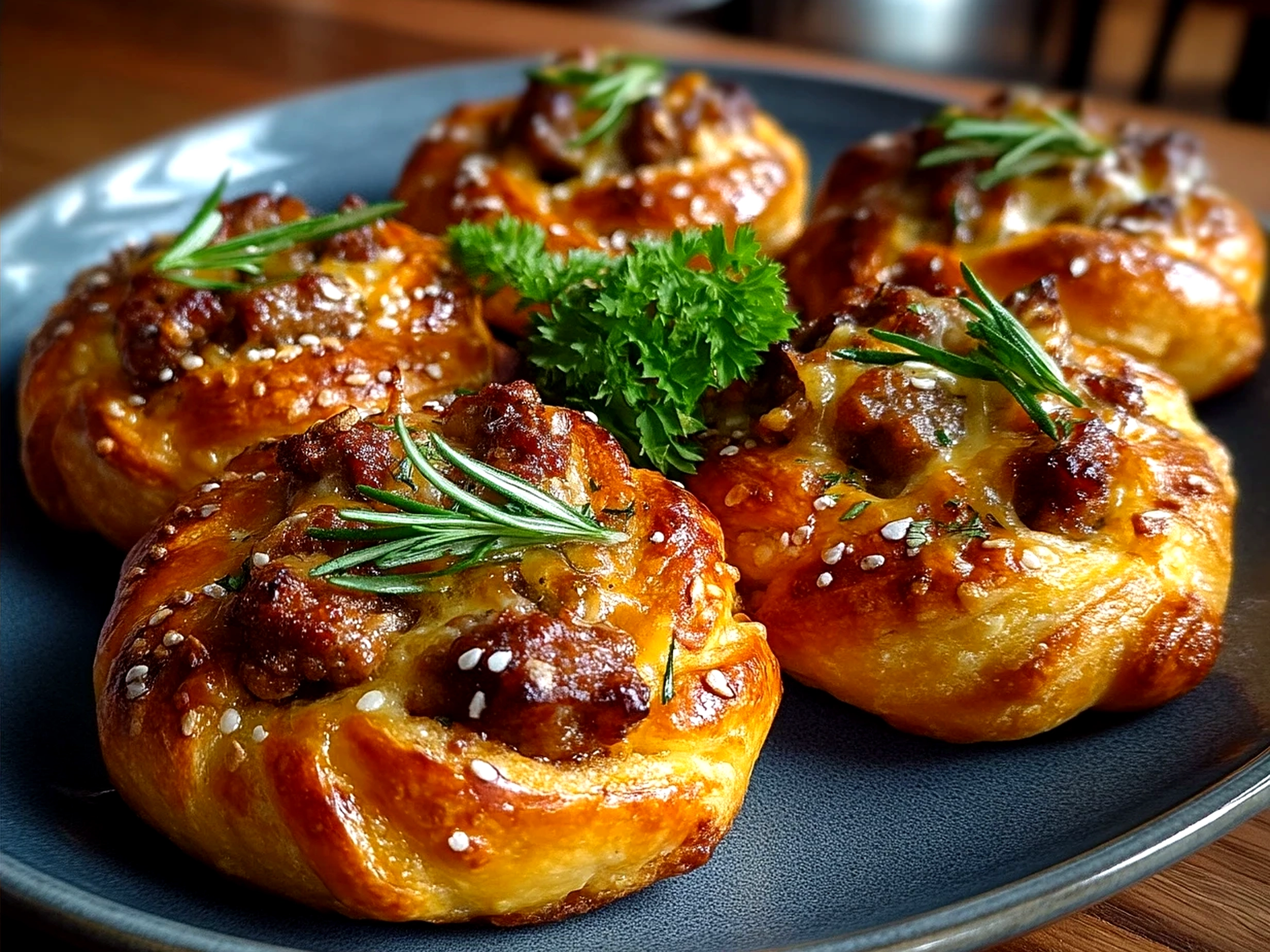 Finished mini sausage roll wreath on a white platter garnished with parsley and cherry tomatoes