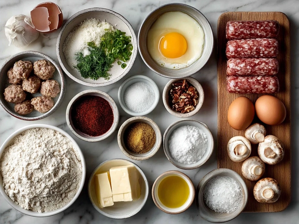Ingredients laid out for mini sausage roll wreaths including puff pastry, sausage meat, onion, garlic, parsley, egg, and seasoning