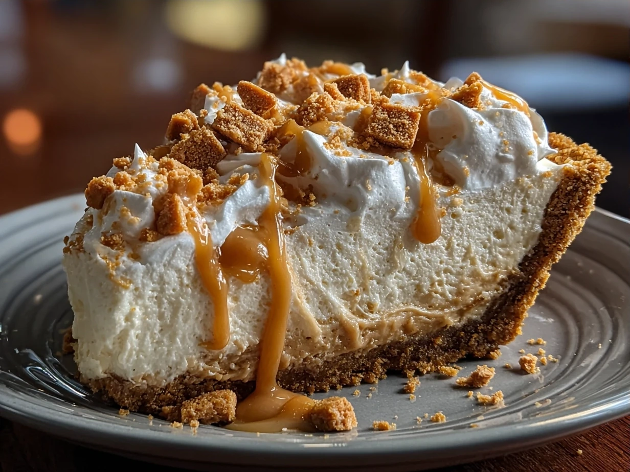 A slice of Old Fashioned Peanut Butter Pie on a white plate, showcasing creamy peanut butter filling and graham cracker crust