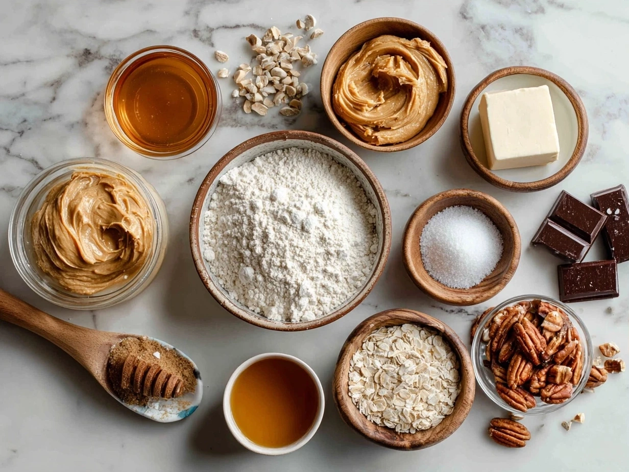 Ingredients for Old Fashioned Peanut Butter Pie showing graham cracker crumbs, peanut butter, cream cheese, powdered sugar, butter, heavy cream, and vanilla extract