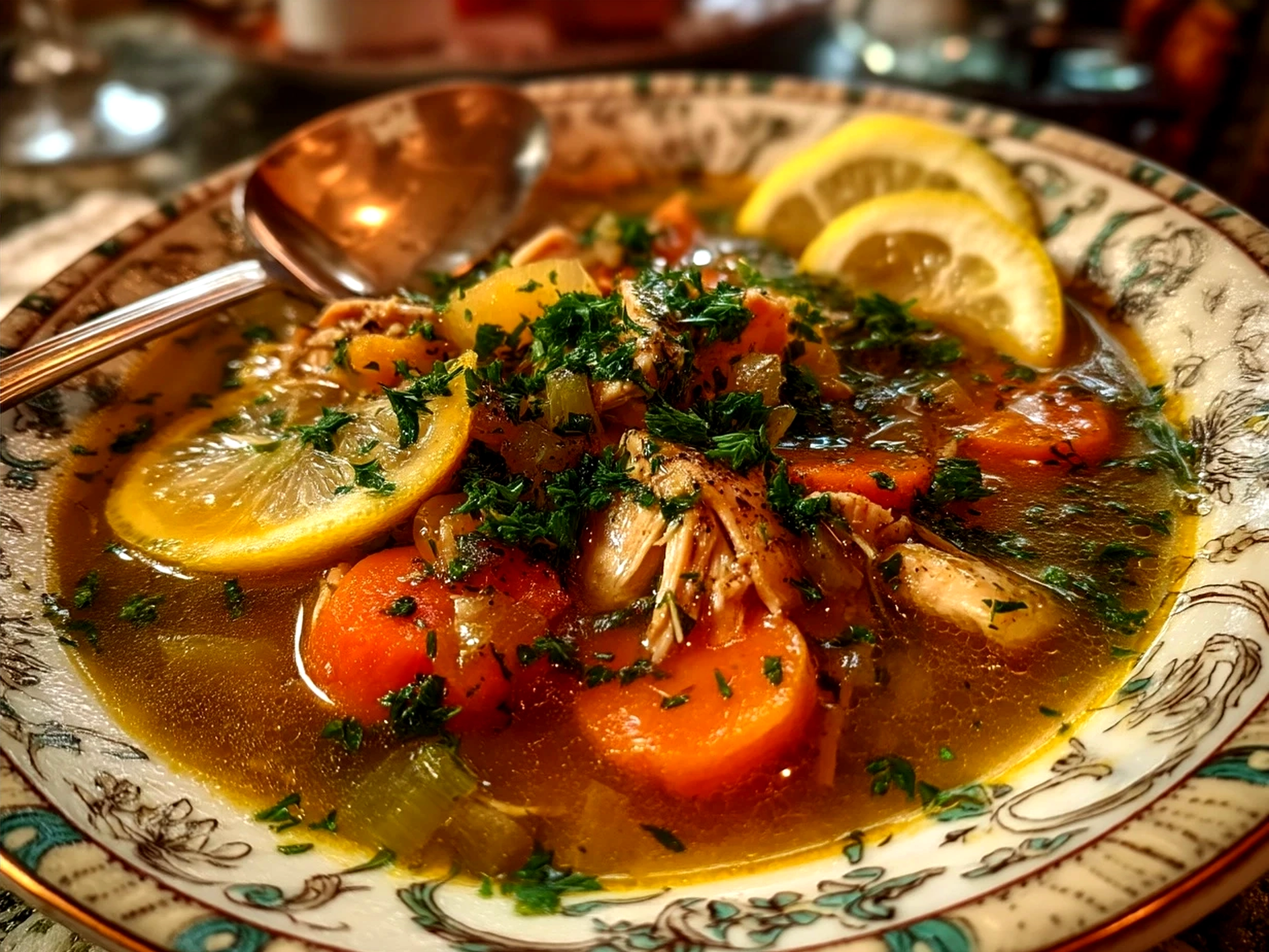 Serving bowl of One-Pot Lemon Chicken Soup garnished with fresh parsley