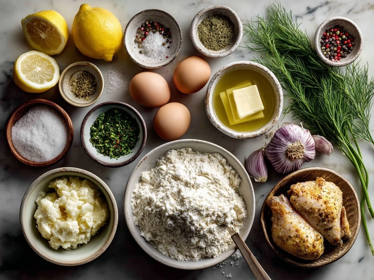 Ingredients for One-Pot Lemon Chicken Soup laid out on a kitchen counter