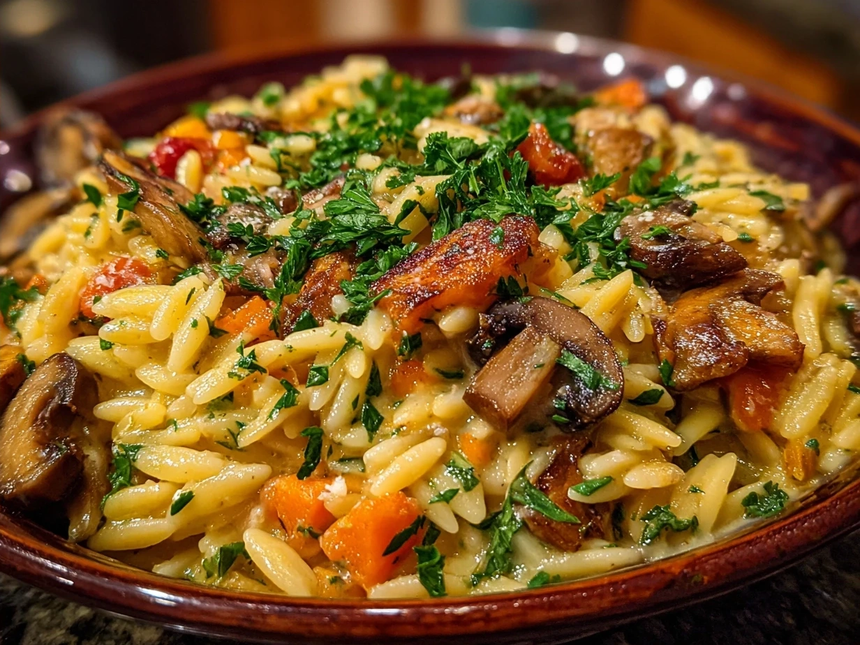 Freshly cooked One-Pot Veggie Cream Orzo served in a bowl garnished with Parmesan and herbs