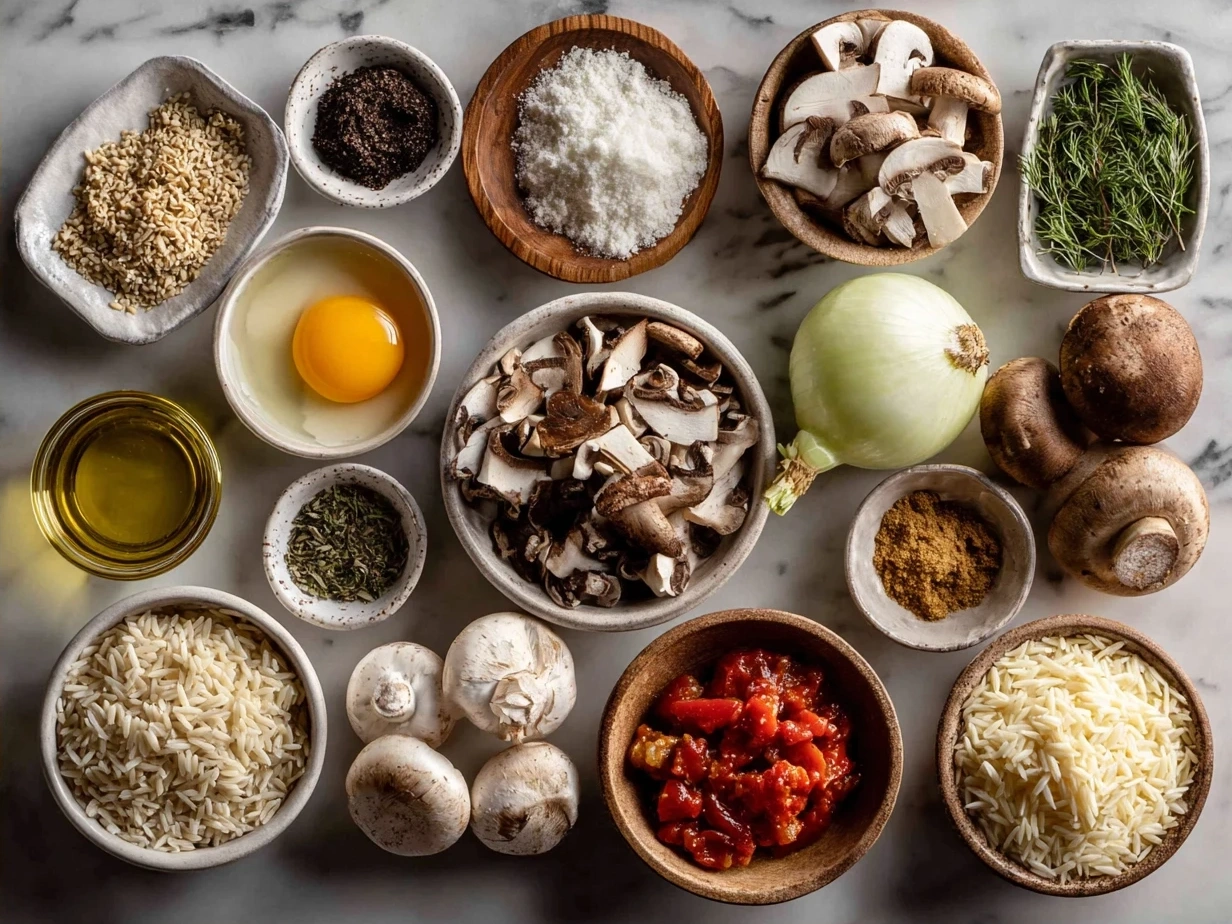 Ingredients for One-Pot Veggie Cream Orzo laid out including orzo pasta, zucchini, spinach, onion, garlic, broth, milk, Parmesan, and olive oil