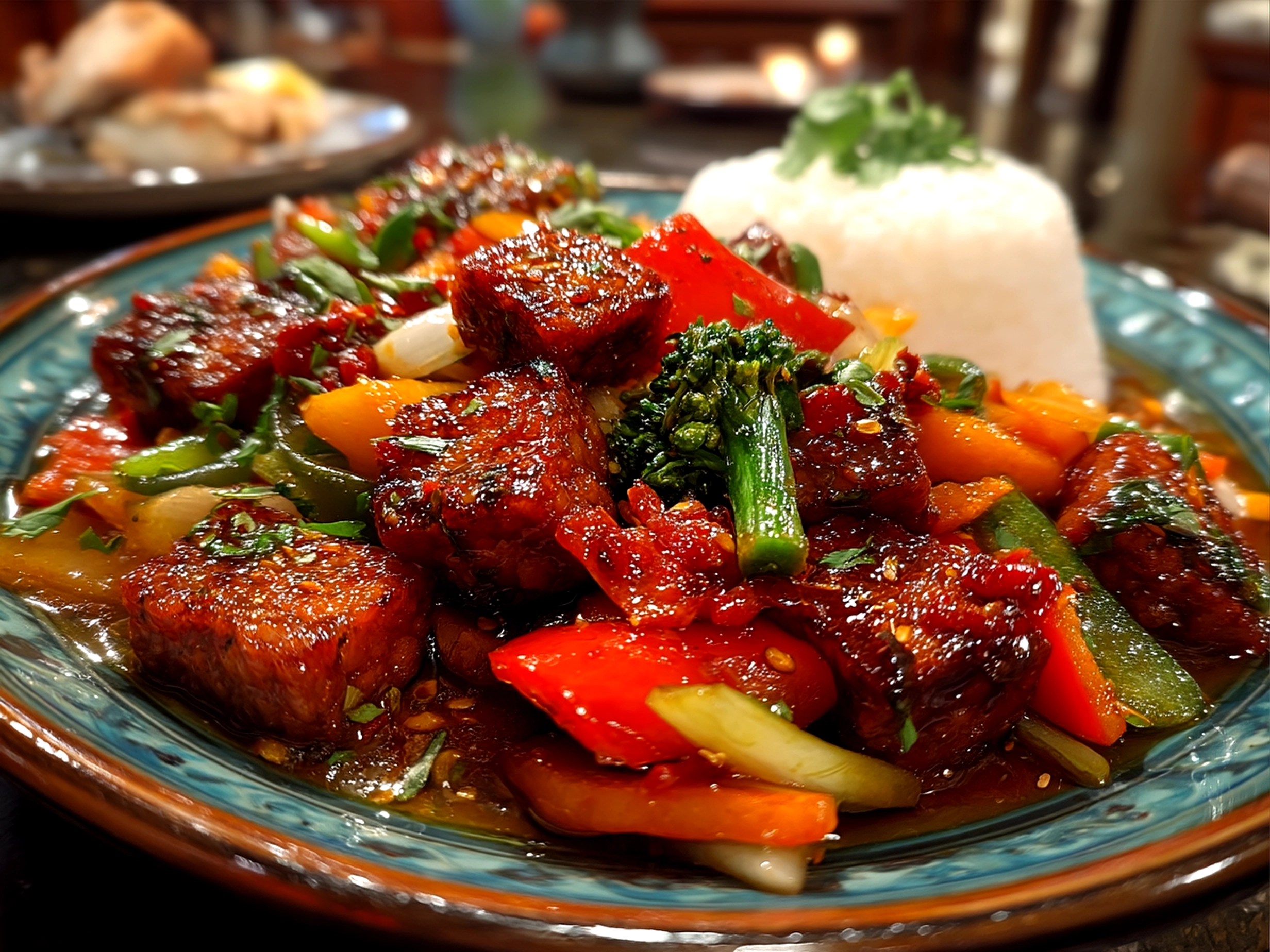 Orange Glazed Tempeh Stir Fry served over jasmine rice with sesame seed garnish