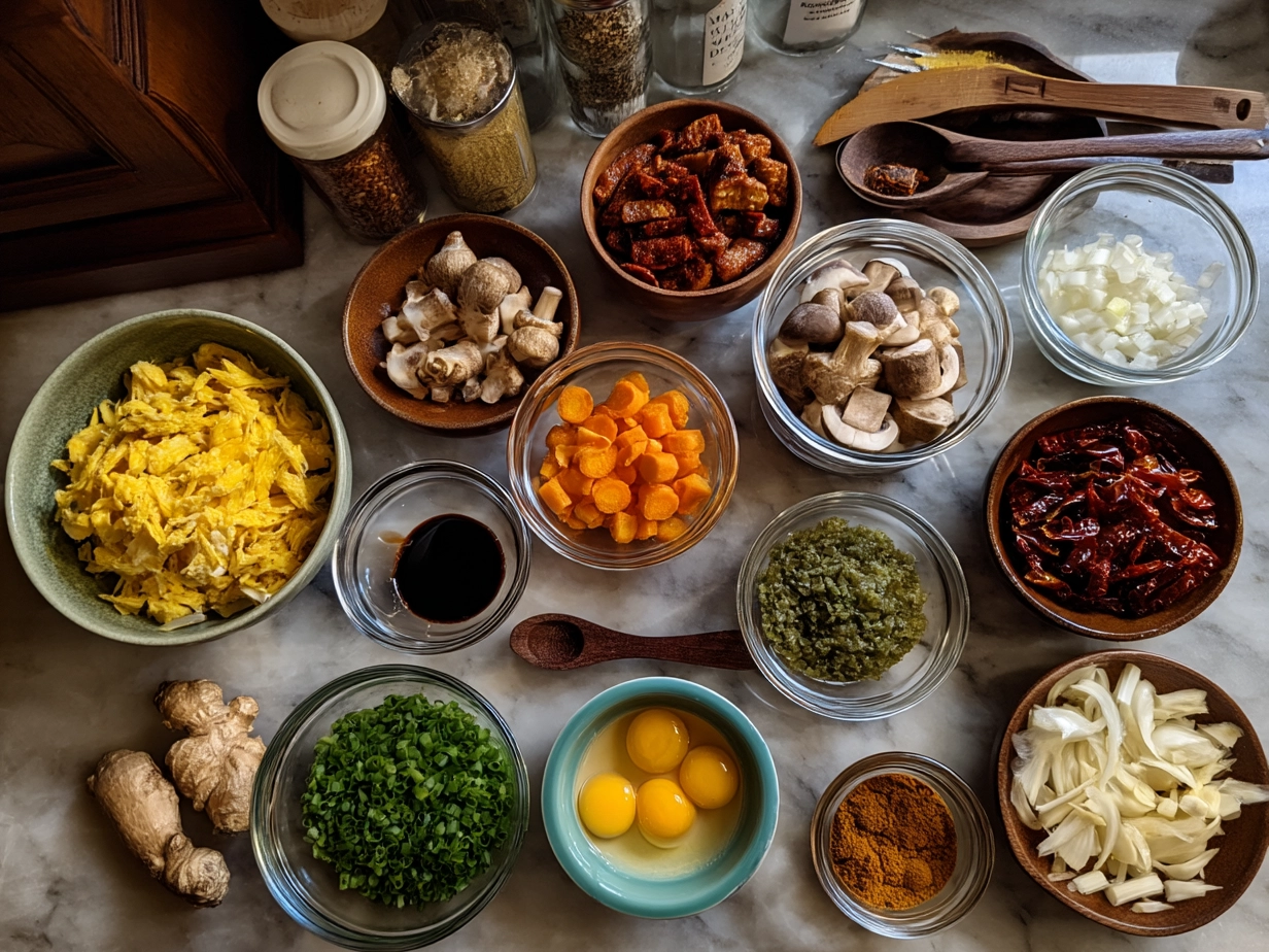 Ingredients for Orange Glazed Tempeh Stir Fry laid out on a kitchen counter