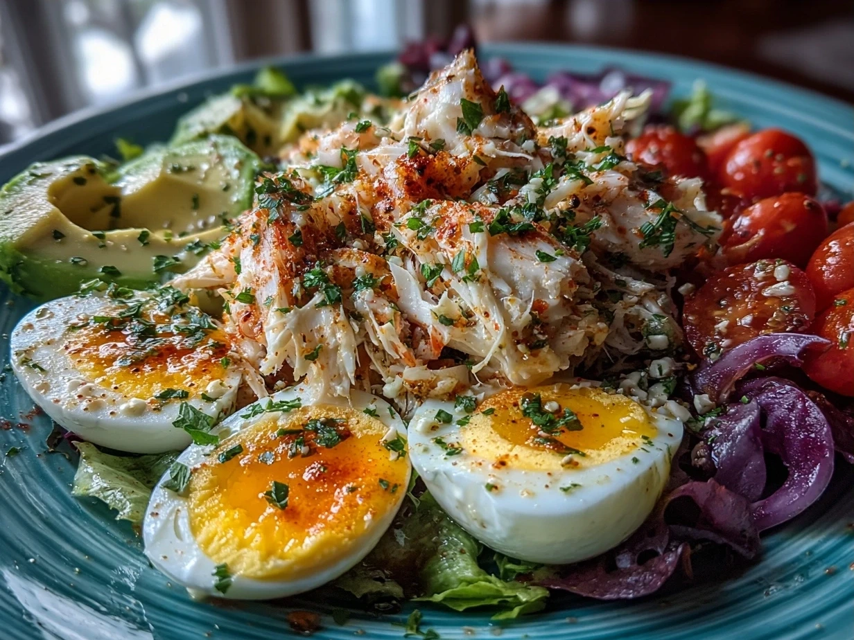 Beautifully plated Paleo Crab Louie salad with vibrant greens, avocado, eggs, and crab meat