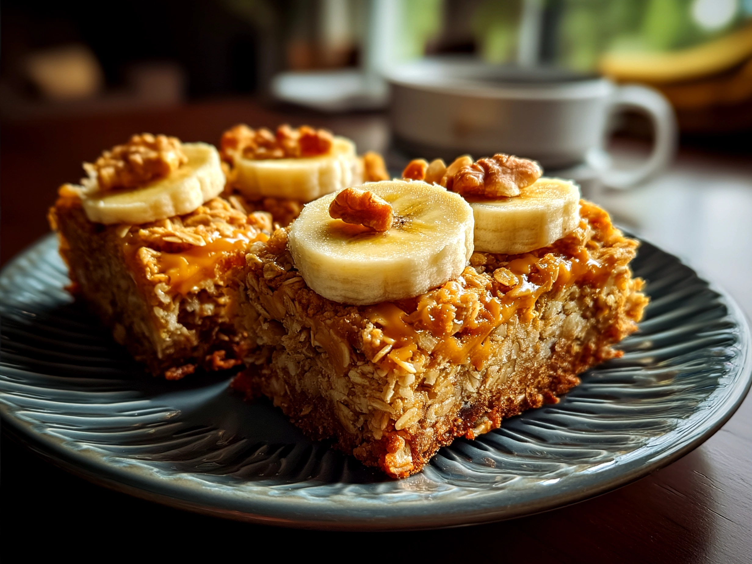 Freshly baked Peanut Butter Banana Oat Bars arranged on a plate