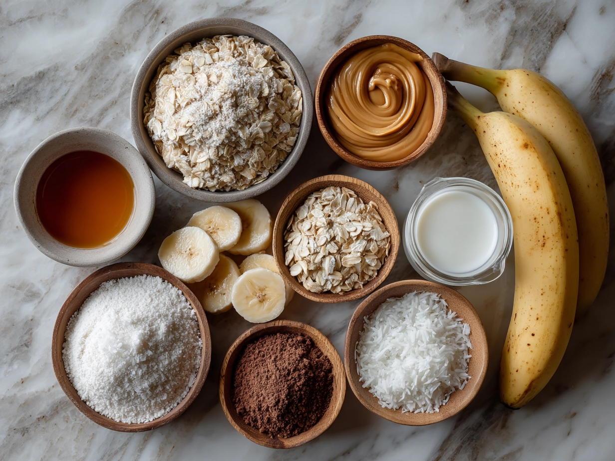 Ingredients for Peanut Butter Banana Oat Bars including bananas, peanut butter, rolled oats, honey, vanilla, cinnamon, and salt
