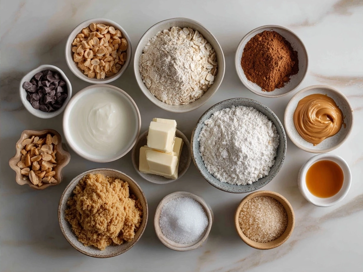 Ingredients for Peanut Butter No Bake Cookies including peanut butter, cocoa, oats, milk and sugar