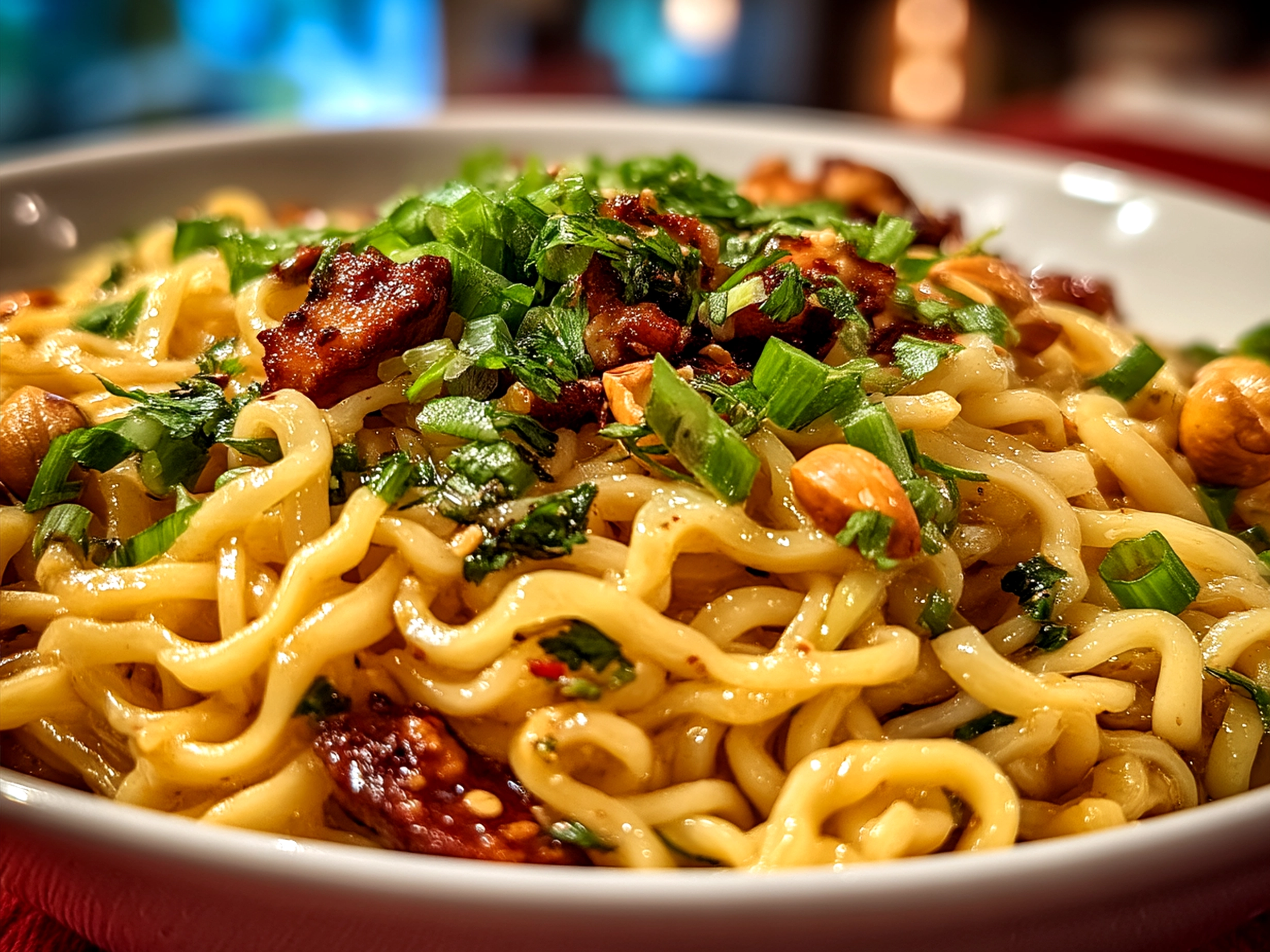 Beautifully plated Peanut Noodles garnished with scallions and chopped peanuts