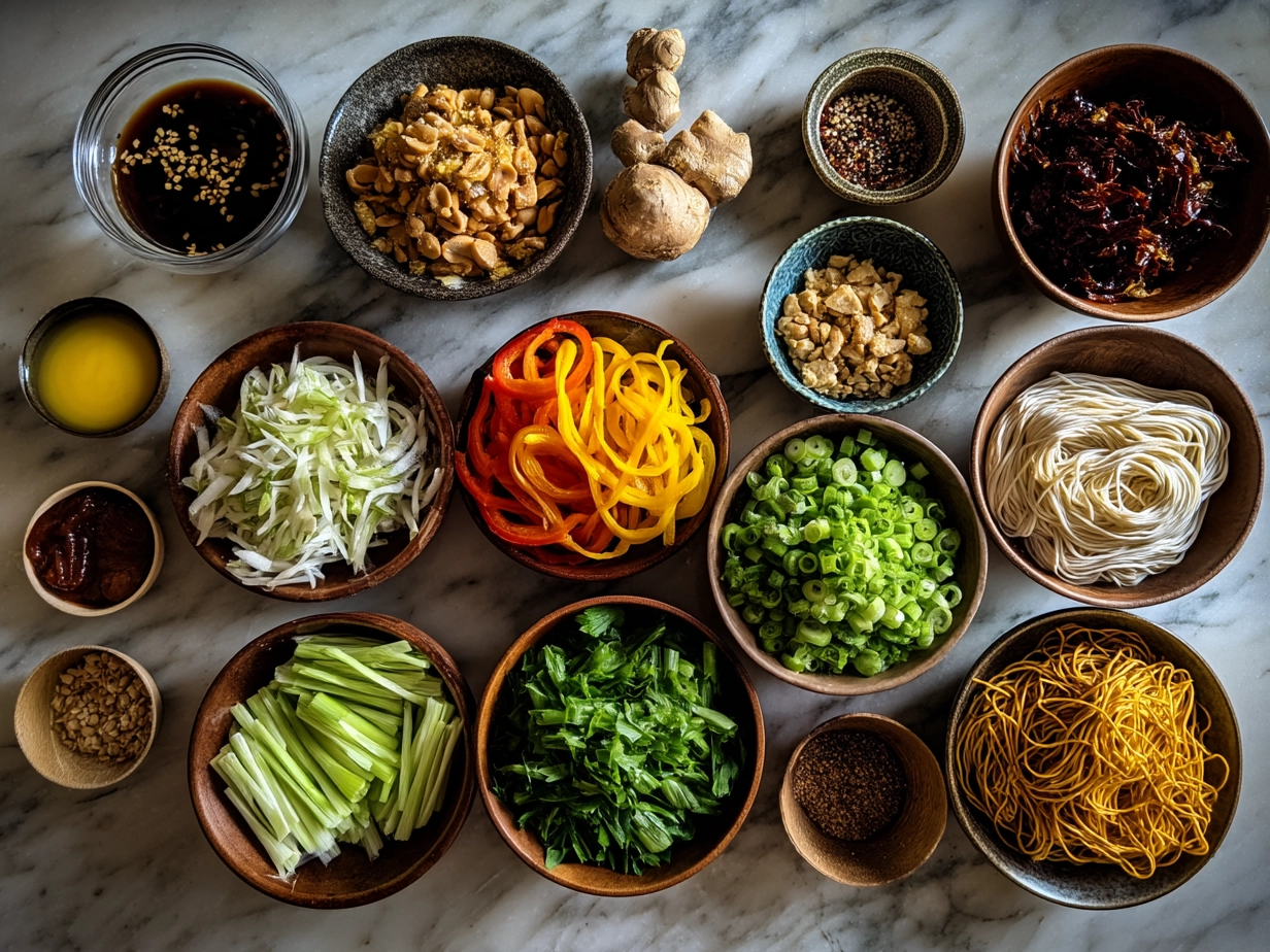Ingredients for Peanut Noodles including peanut butter, soy sauce, noodles, and fresh vegetables