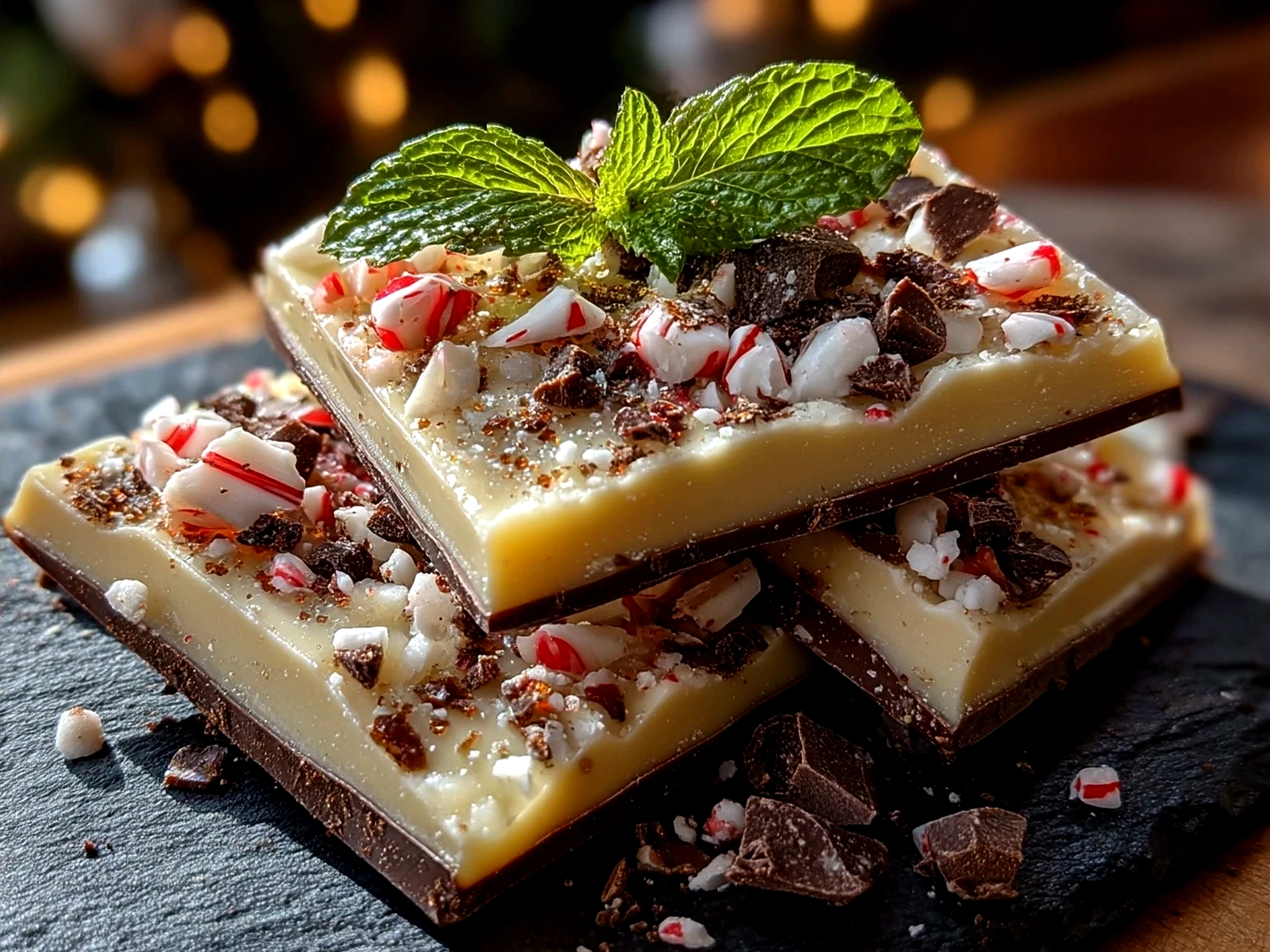 Freshly made Peppermint Bark pieces served on a festive platter