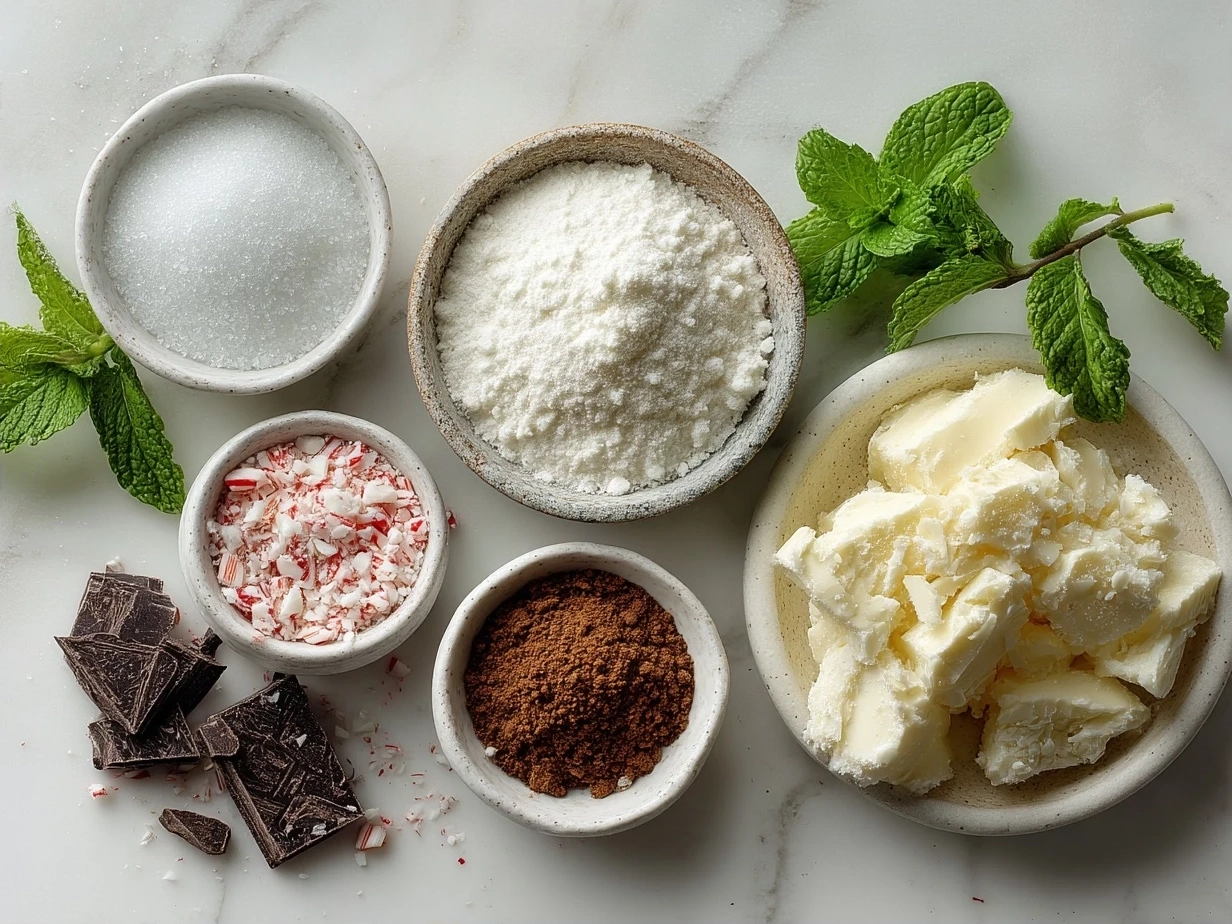 Ingredients displayed for Peppermint Bark including white chocolate chips, dark chocolate, peppermint extract, and crushed candy canes