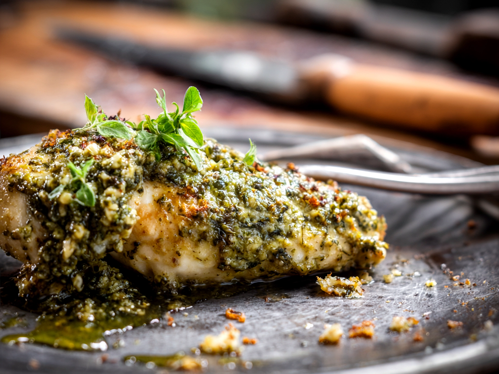 Plated pesto chicken topped with roasted cherry tomatoes and fresh basil leaves