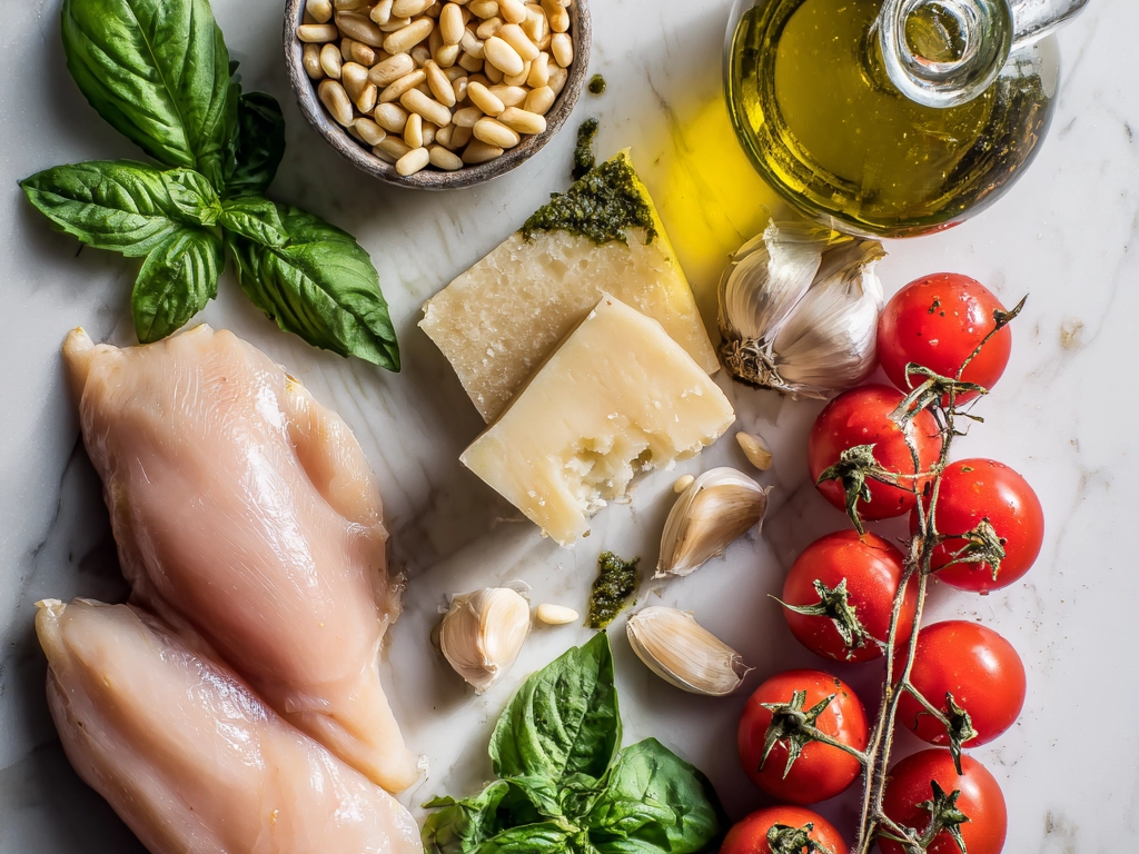 Ingredients for pesto chicken including chicken breasts, basil pesto, olive oil, cherry tomatoes, and cheese