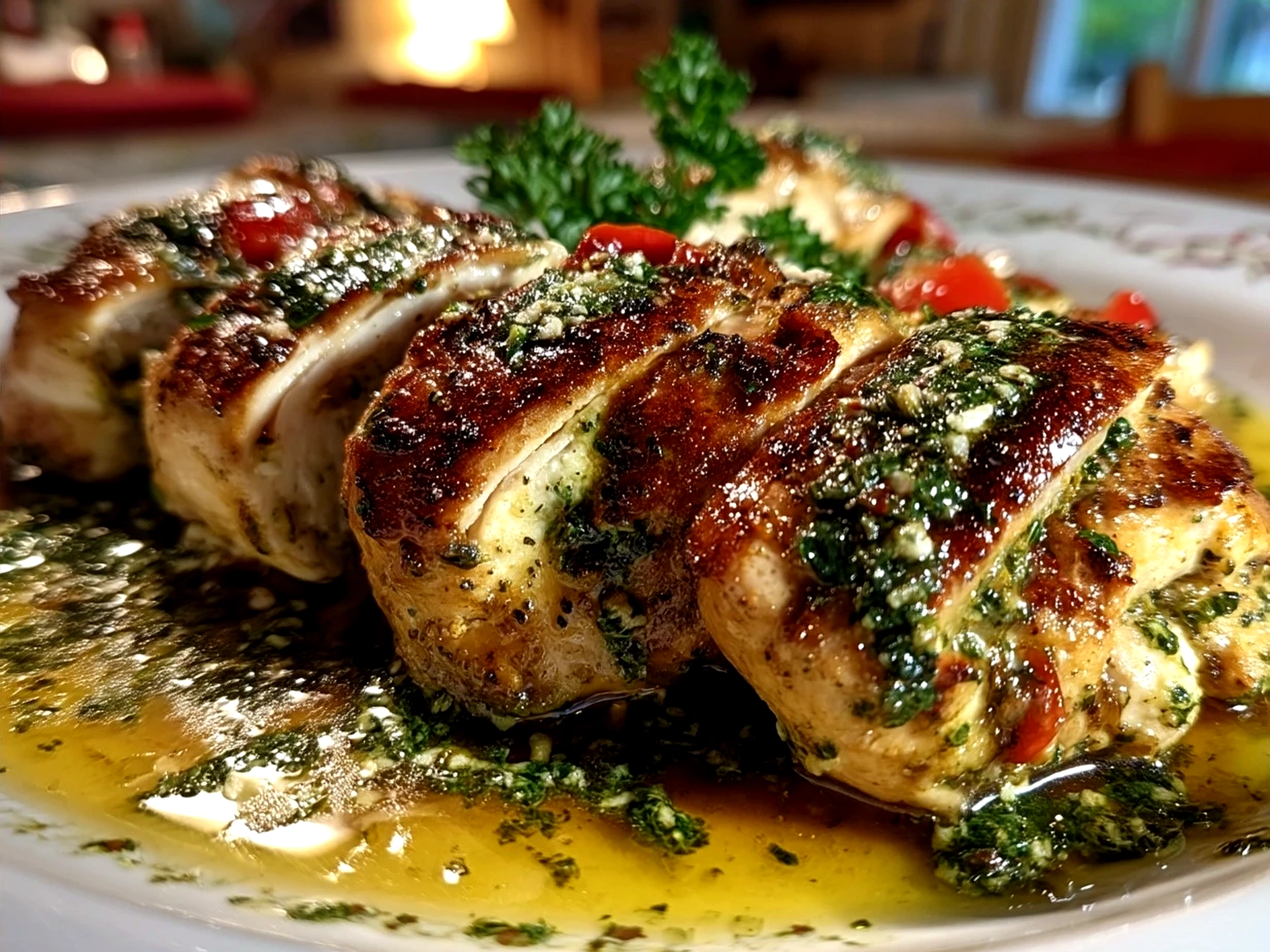 Golden baked pesto stuffed chicken garnished with fresh basil leaves on a serving platter