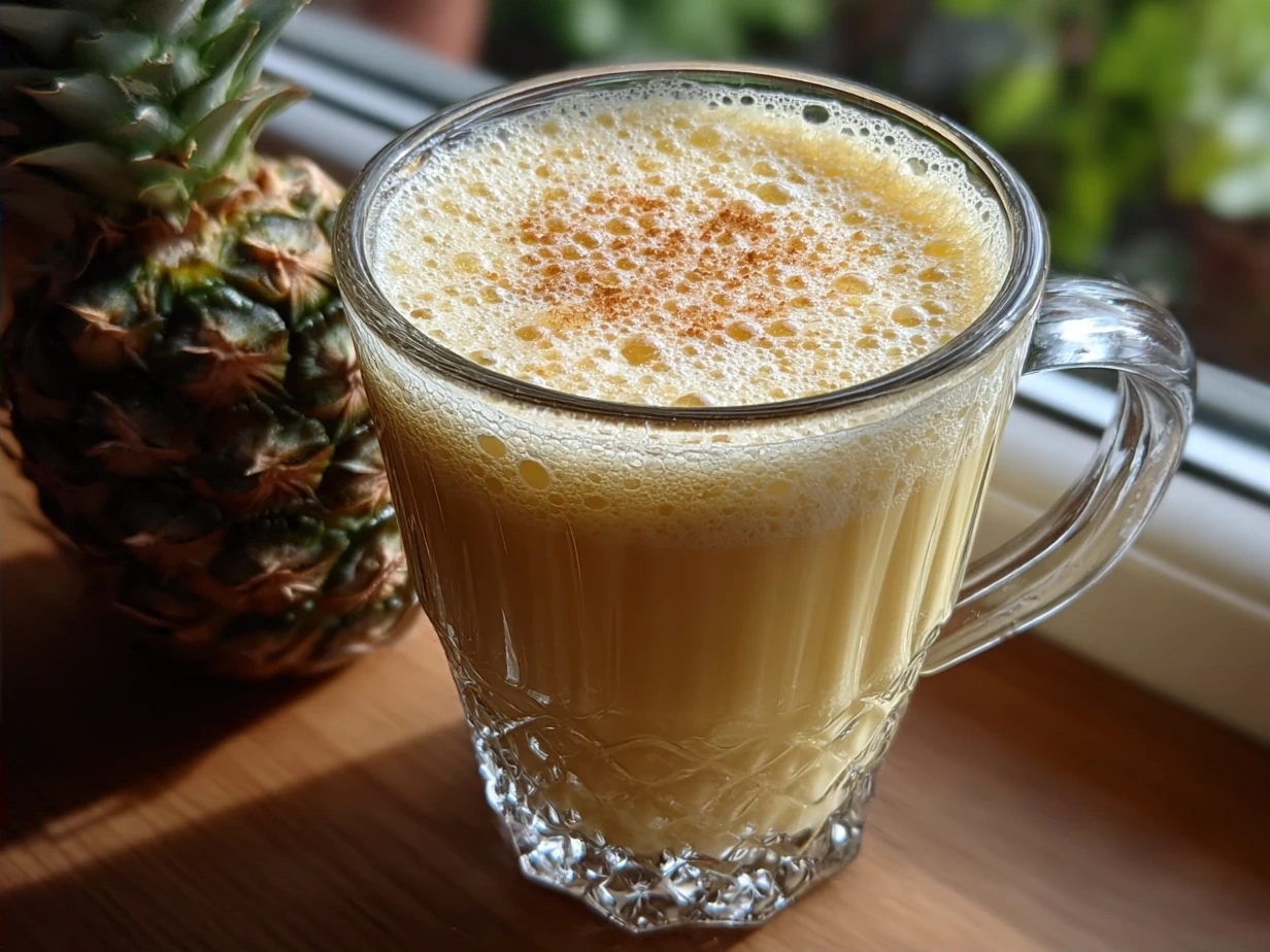 Finished Pineapple Coconut Smoothie served in a tall glass with toasted coconut flakes rim