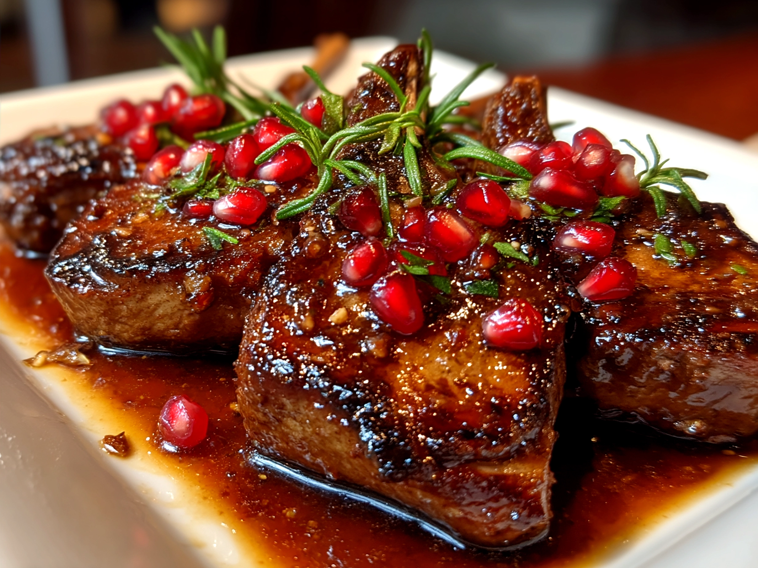 Beautifully plated Pomegranate Glazed Lamb Chops garnished with rosemary