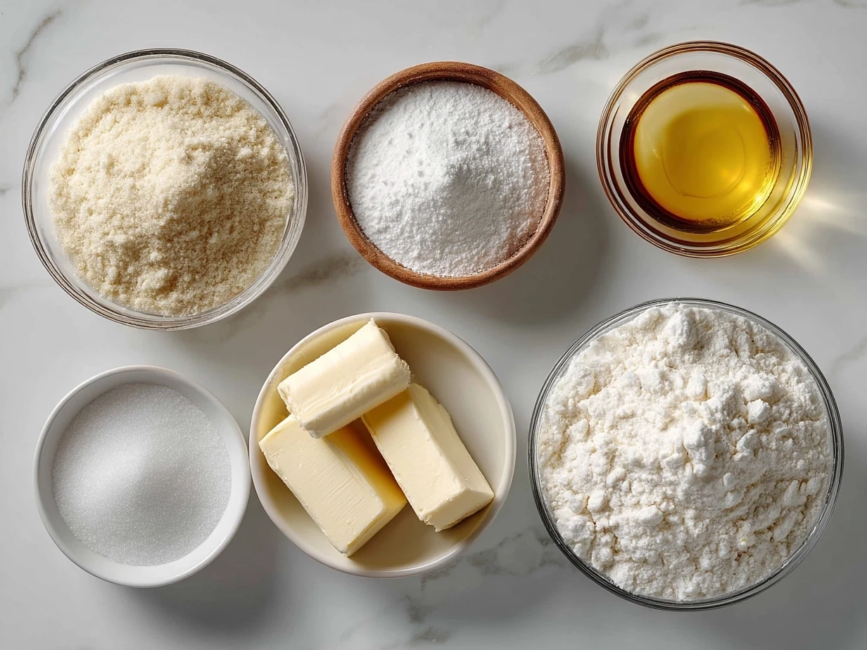 Ingredients for classic buttery Pound Cake including sugar, butter, eggs, flour, milk, vanilla extract
