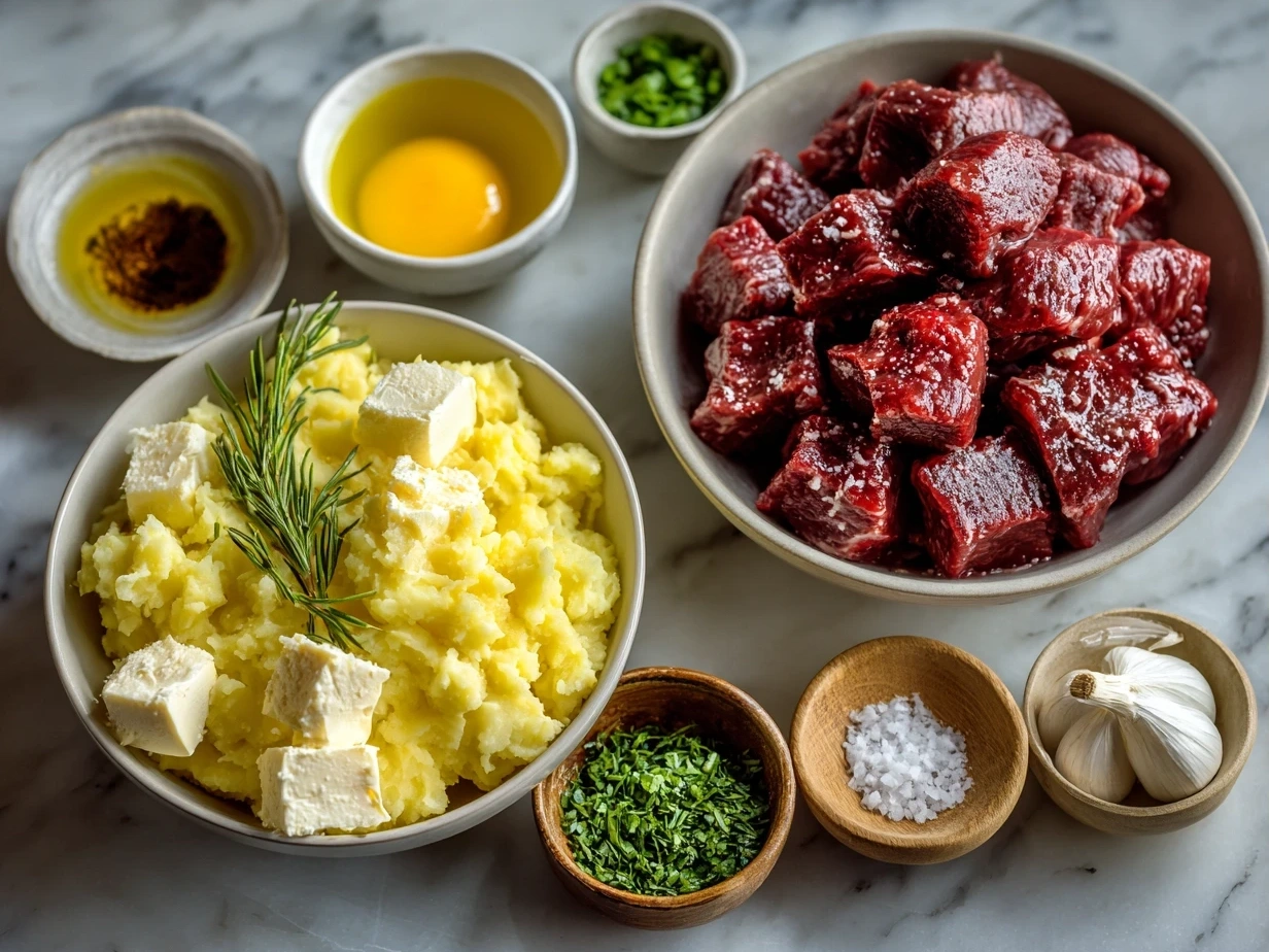 Raw ingredients for Garlic Butter Beef Bites with Creamy Mashed Potatoes including beef, potatoes, garlic, butter, and milk