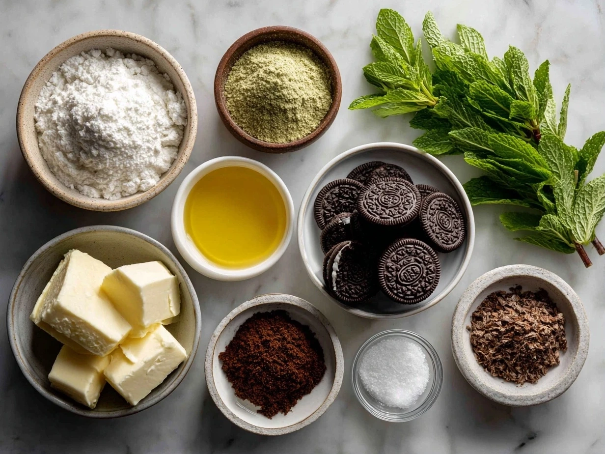 Raw ingredients for Mint Oreo Brownies laid out on a kitchen counter