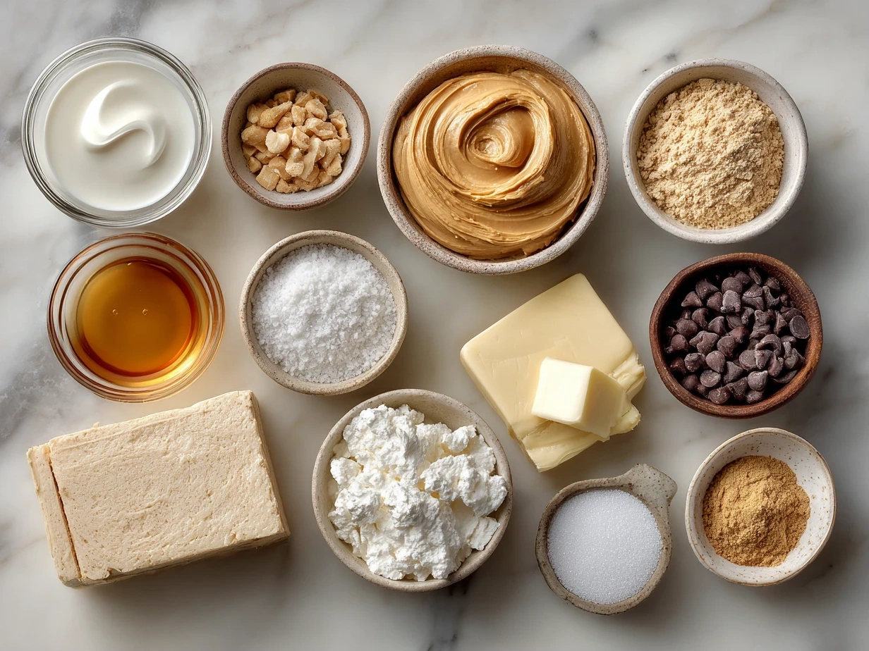 Raw ingredients for peanut butter pie laid out on a wooden table