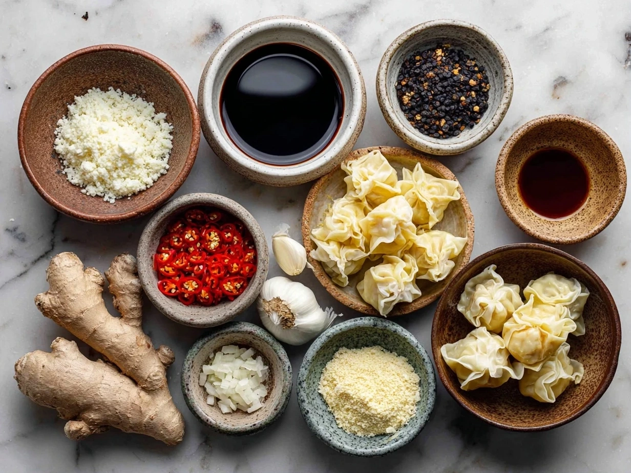 Raw ingredients for Spicy Wontons in Chilli Sauce on marble surface