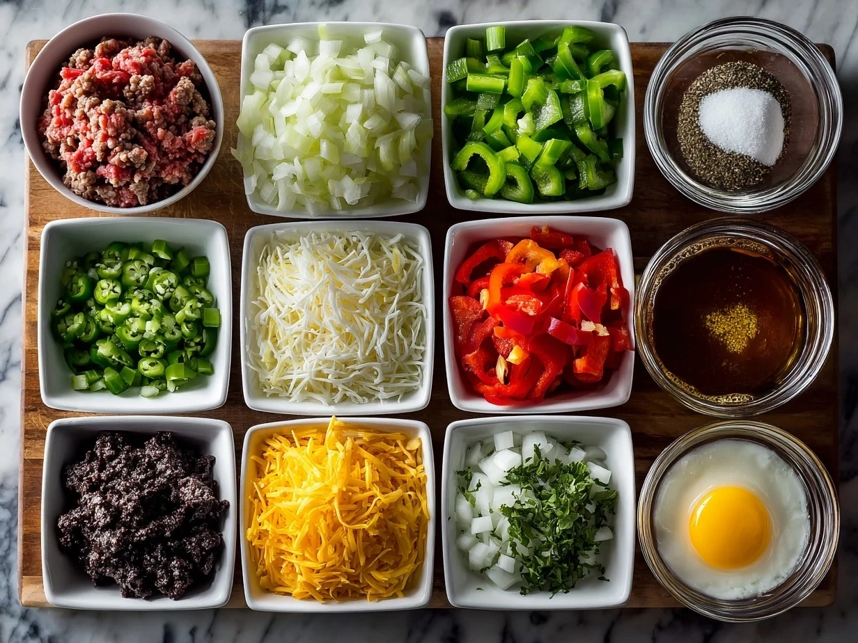 Raw ingredients for stuffed pepper soup including ground beef, bell peppers, tomatoes, onion, and rice