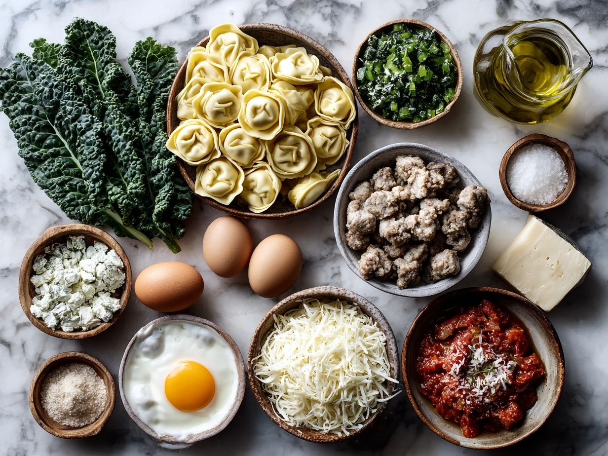 Raw ingredients for Tortellini Soup with Sausage and Kale including sausage, kale, tortellini, and spices