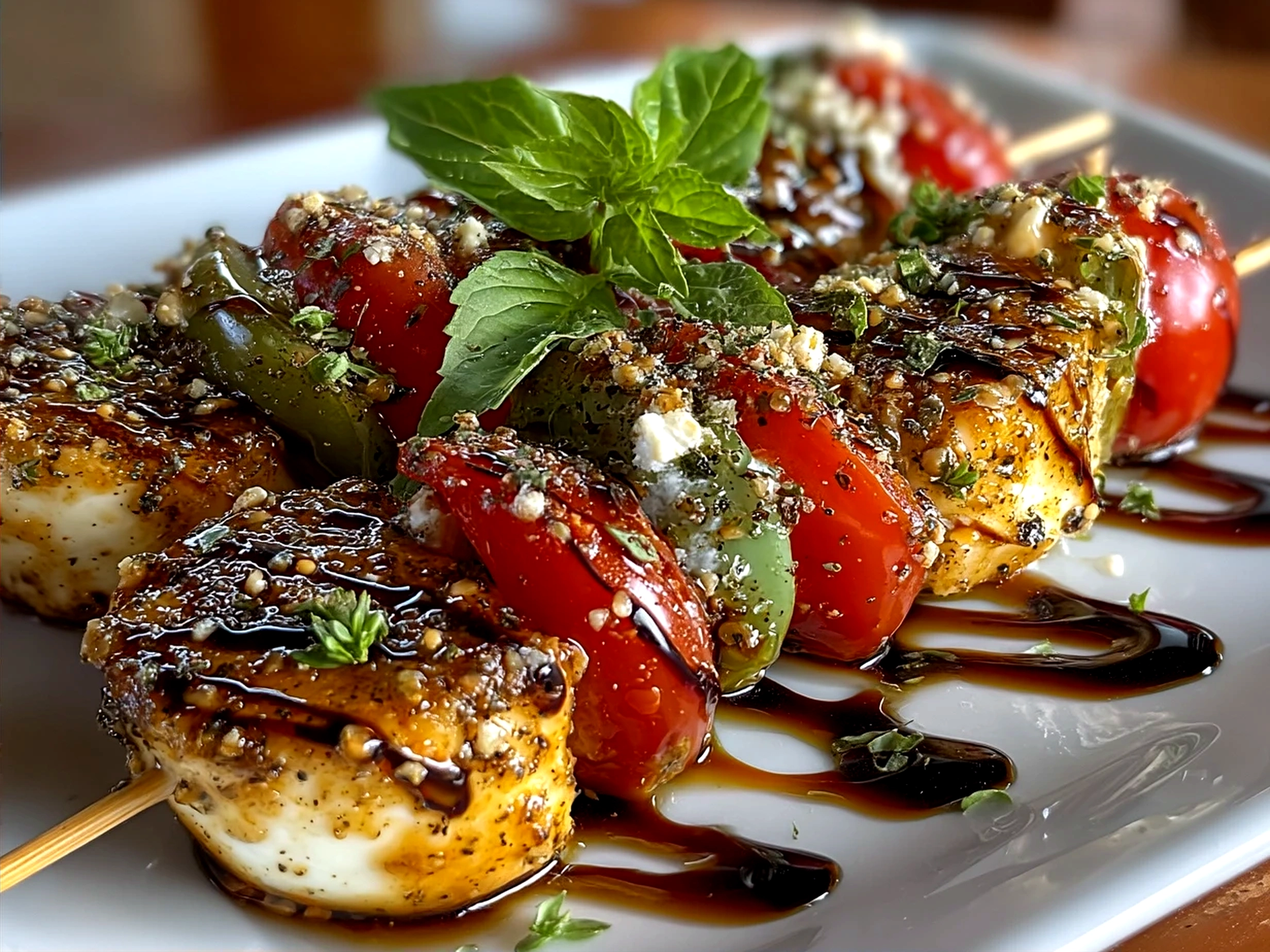 Red and Green Caprese Skewers arranged beautifully on a platter with fresh basil leaves