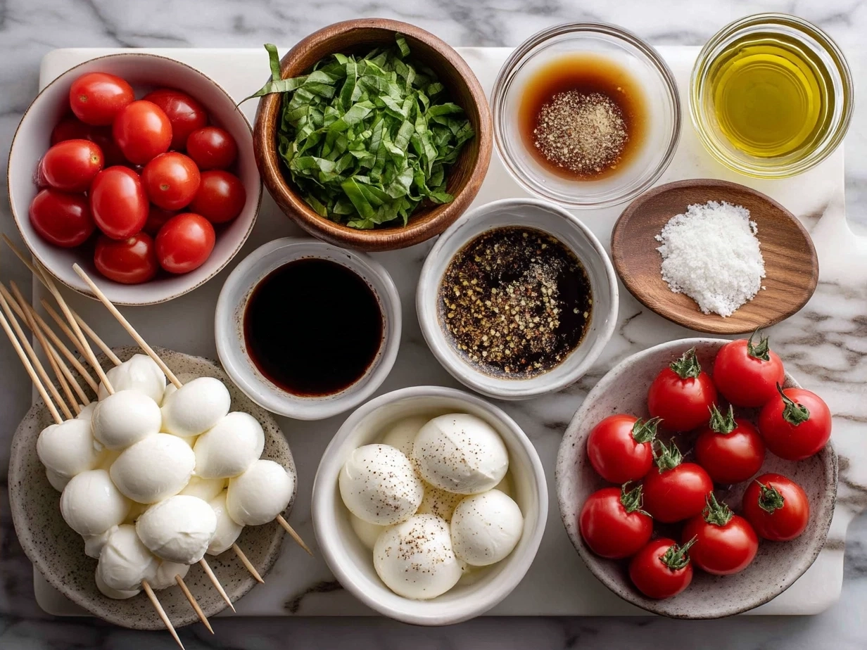 Ingredients for Red and Green Caprese Skewers including cherry tomatoes, fresh mozzarella balls, basil leaves, basil pesto, and balsamic glaze