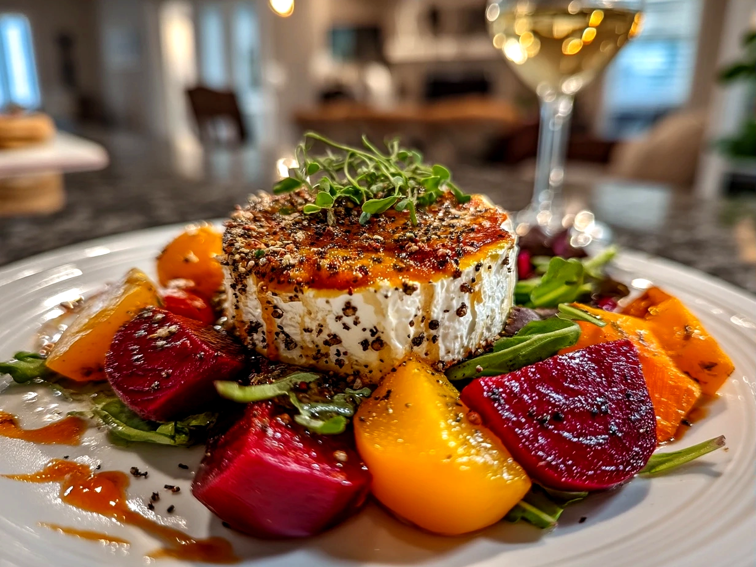 Plated Roasted Beet Goat Cheese salad garnished with walnuts and fresh herbs