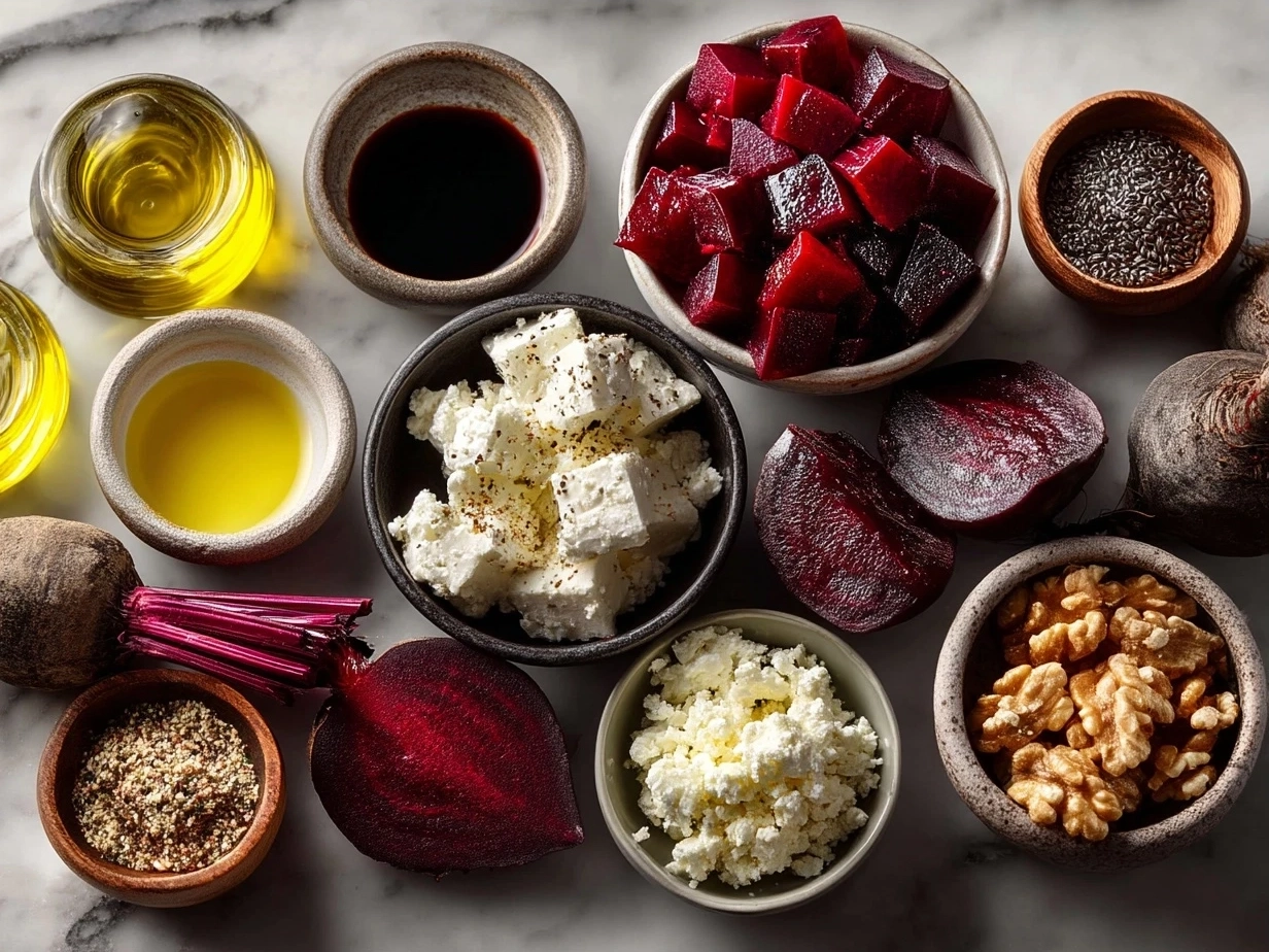 Ingredients for Roasted Beet Goat Cheese including beets, goat cheese, olive oil, and walnuts