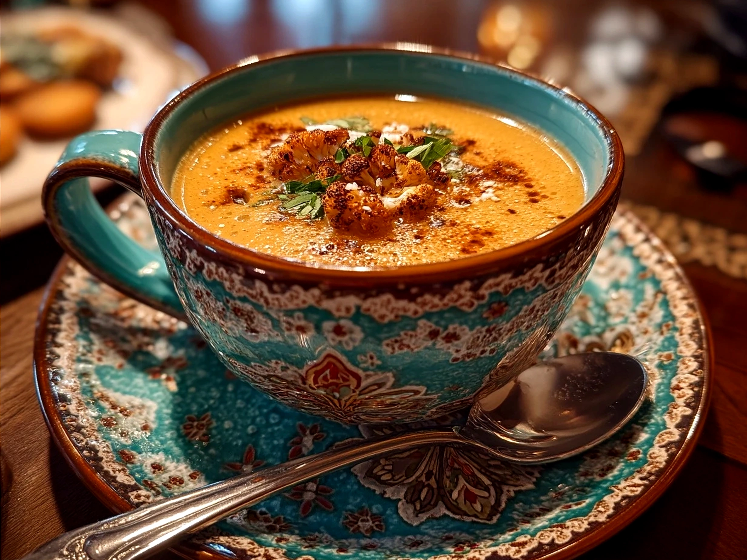 A bowl of creamy Roasted Cauliflower Soup garnished with fresh parsley and served with crusty bread