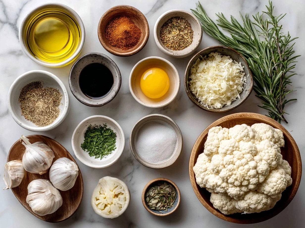 Ingredients for Roasted Cauliflower Soup laid out on a table including cauliflower, olive oil, onion, garlic, broth, and milk
