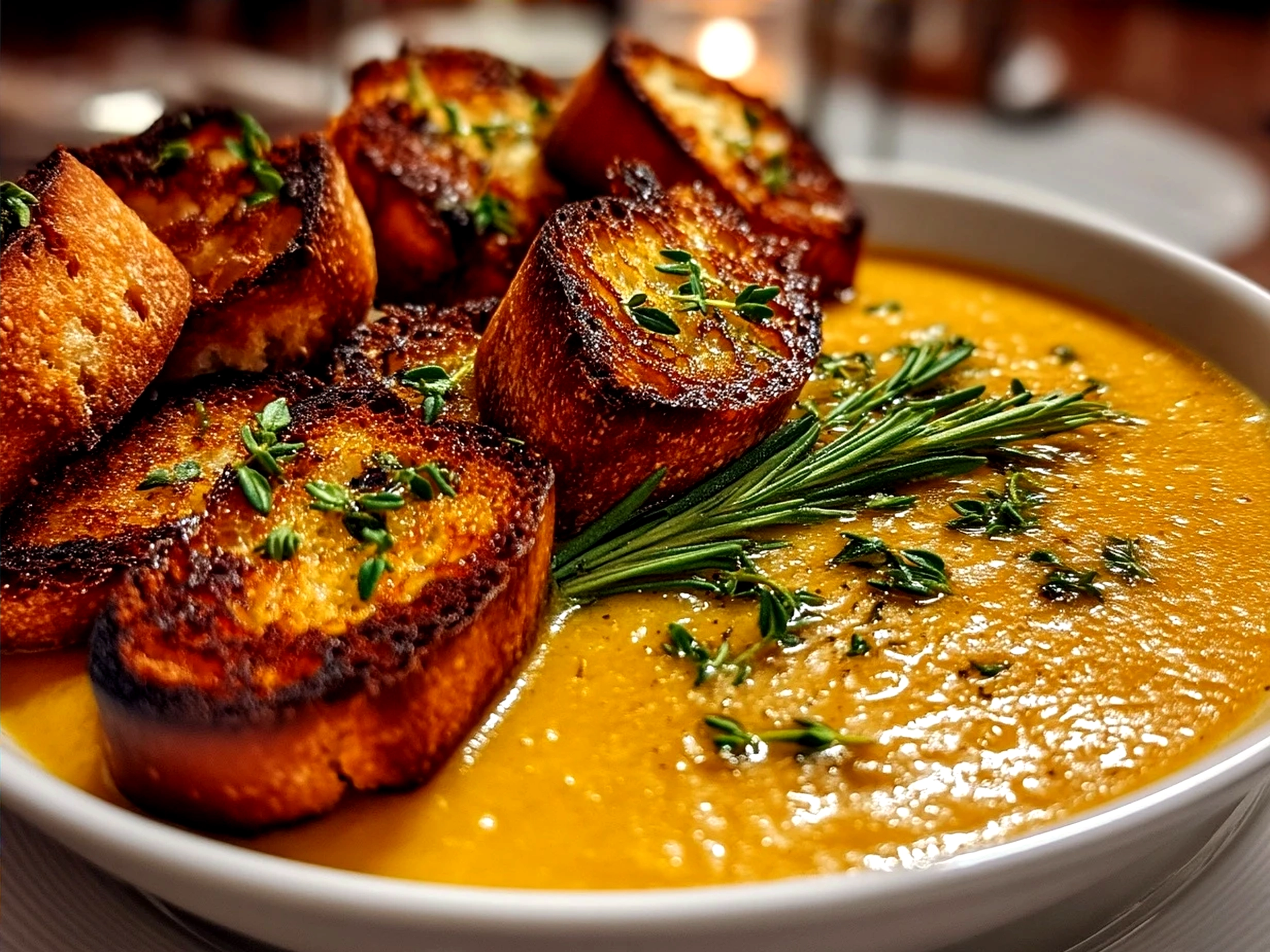 Creamy Roasted Parsnip Soup with Thyme served in a bowl with fresh thyme garnish
