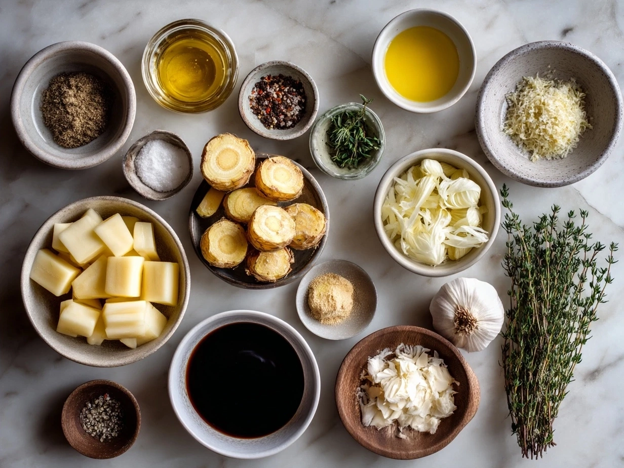 Ingredients for Roasted Parsnip Soup with Thyme laid out on a kitchen counter