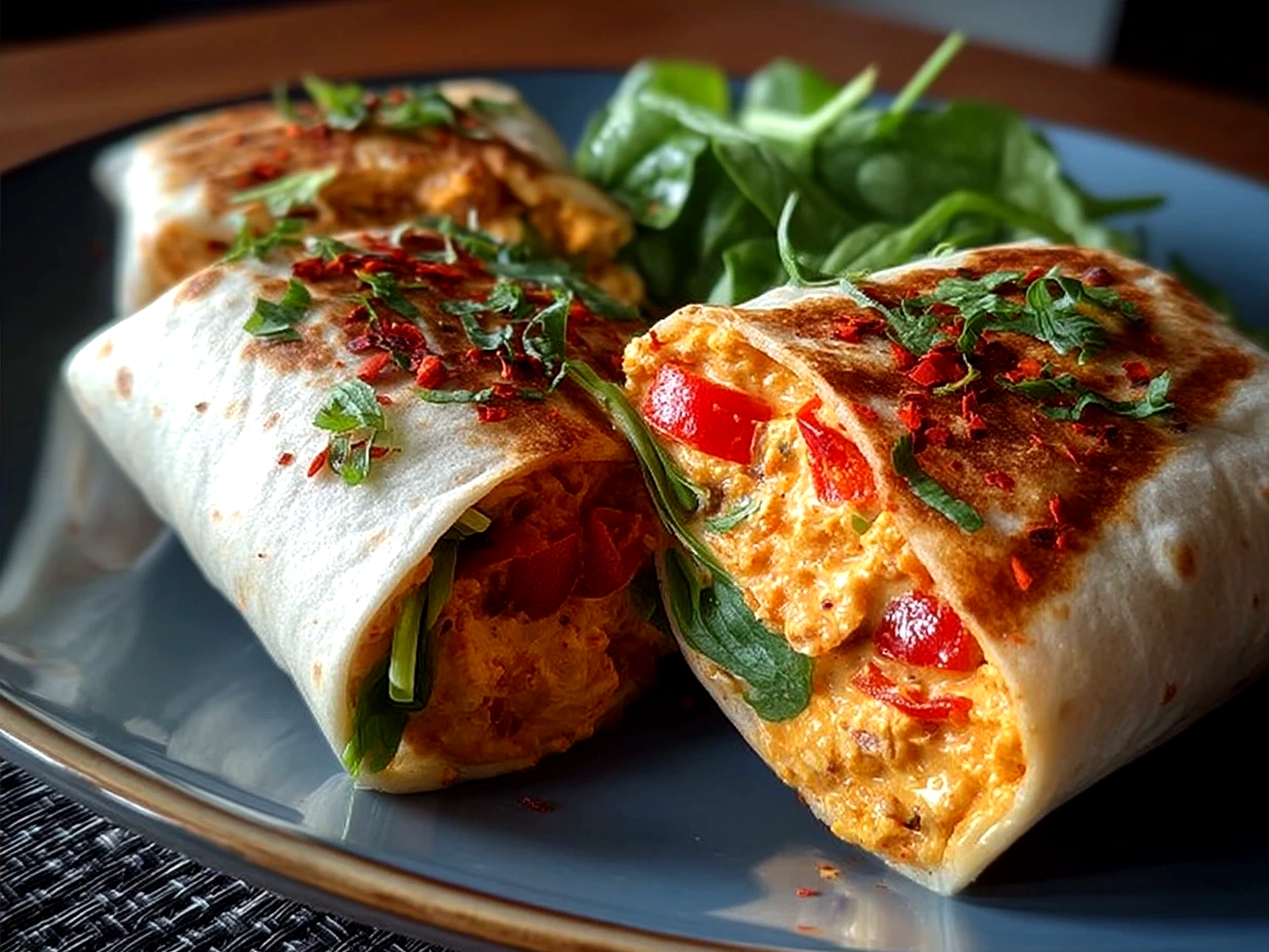 Colorful Roasted Red Pepper Hummus Wrap sliced in half and served on a plate