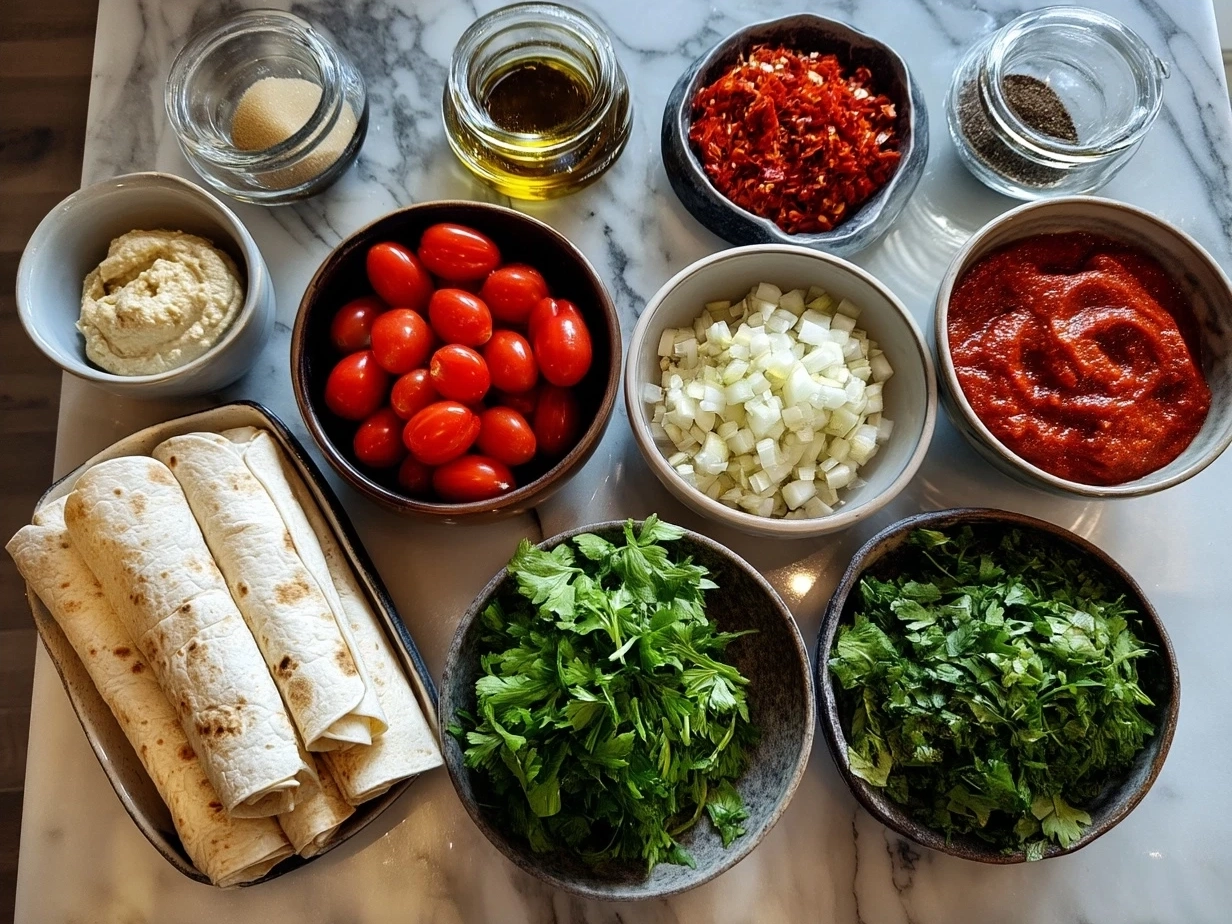 Ingredients for Roasted Red Pepper Hummus Wraps laid out on a counter including wraps, hummus, fresh veggies, olives, and feta cheese