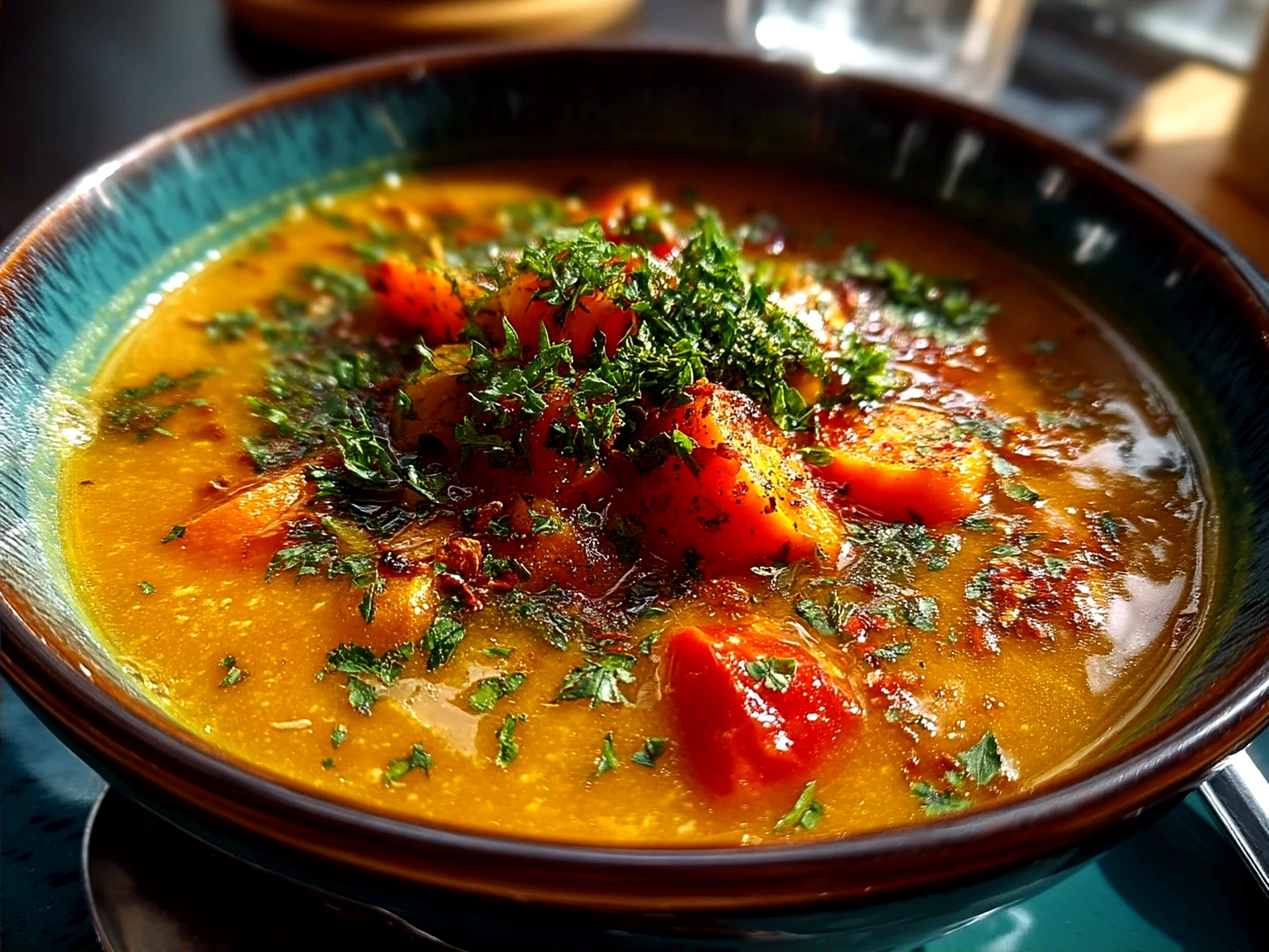 A bowl of warm Roasted Veg Soup garnished with fresh parsley and served with crusty bread