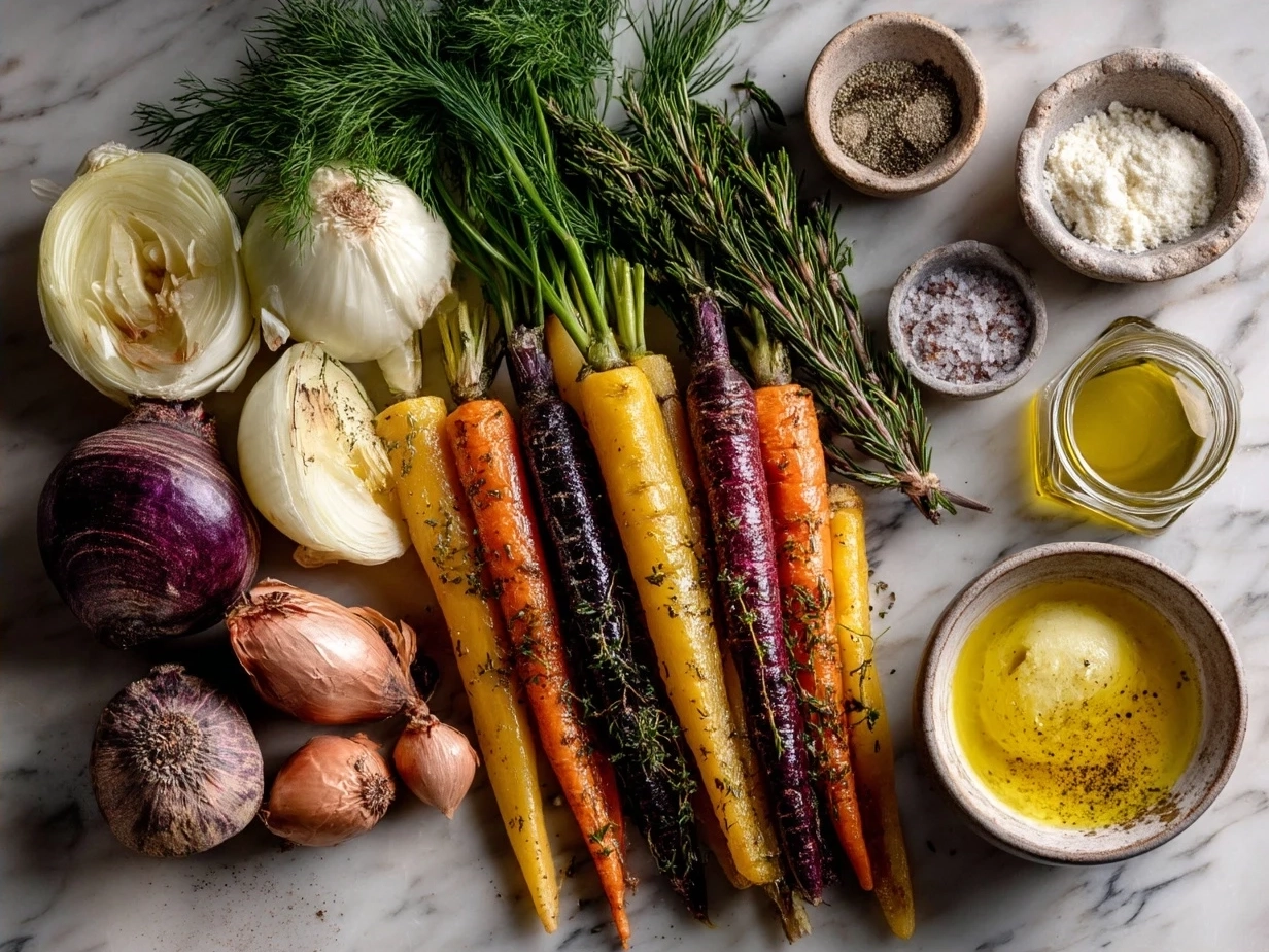 Ingredients for Roasted Veg Soup laid out on a wooden table