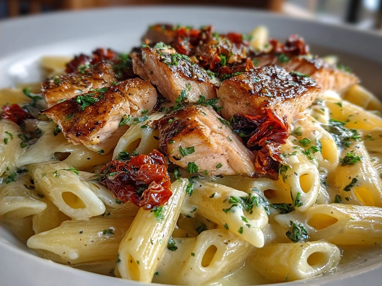 Plated Salmon Pasta Sundried Tomato served with fresh herbs